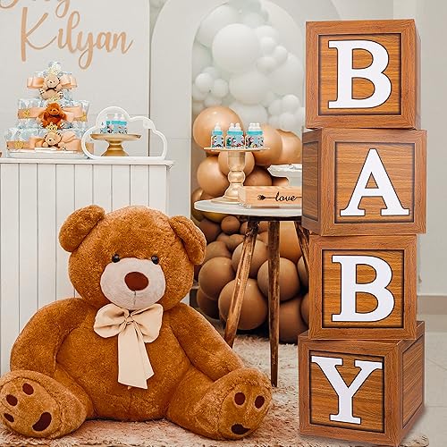 Miniatura 3 de Cajas de baby shower, decoraciones de fiesta, 4 bloques de madera de grano marrón con letras de bebé, suministros de bosque y oso de peluche para