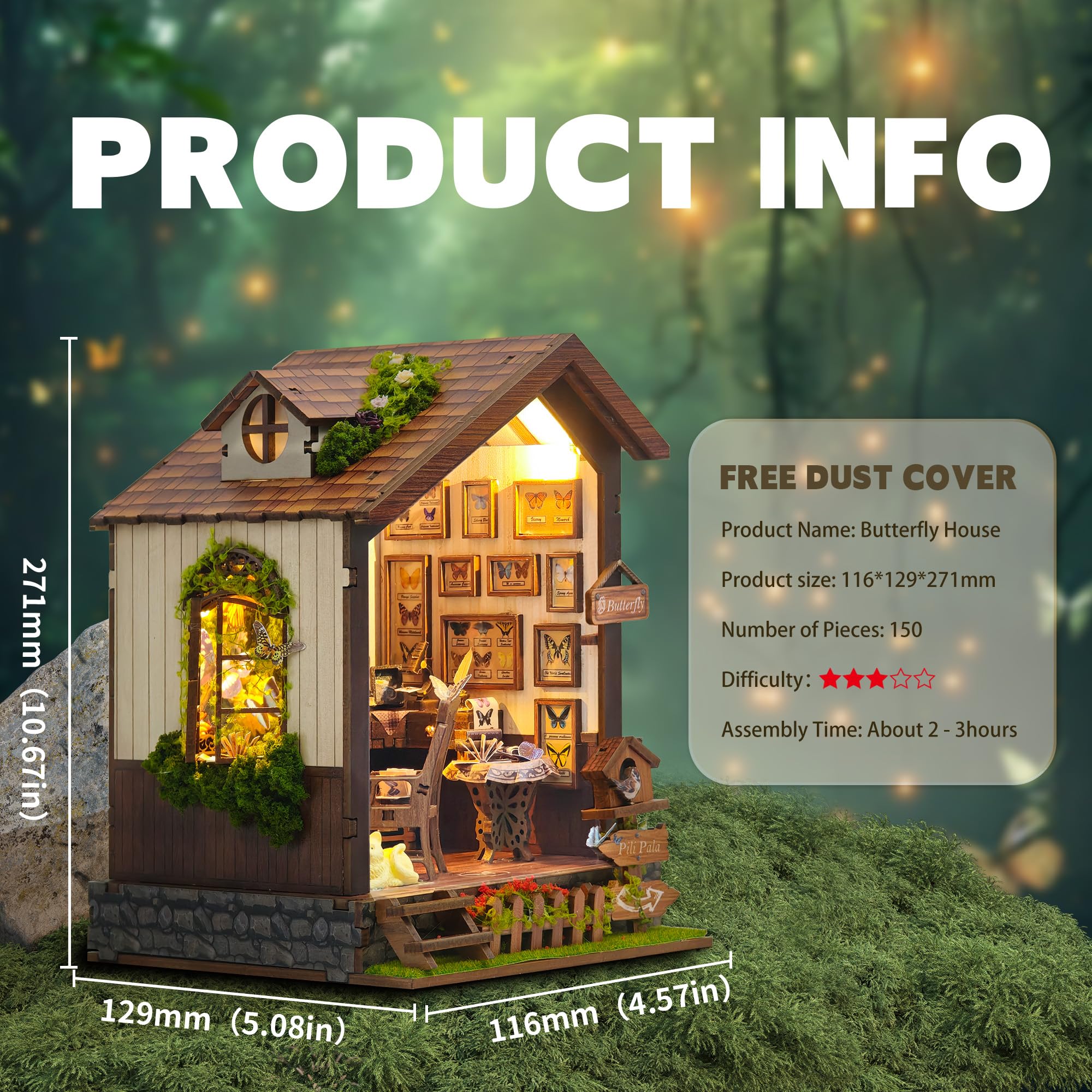 3D Wooden Puzzles for Adults,DIY Dollhouse Kit Building with Lights for Teens & Adults,150 Piece 3D Puzzles-Butterfly House(SQ-60) - Image 3