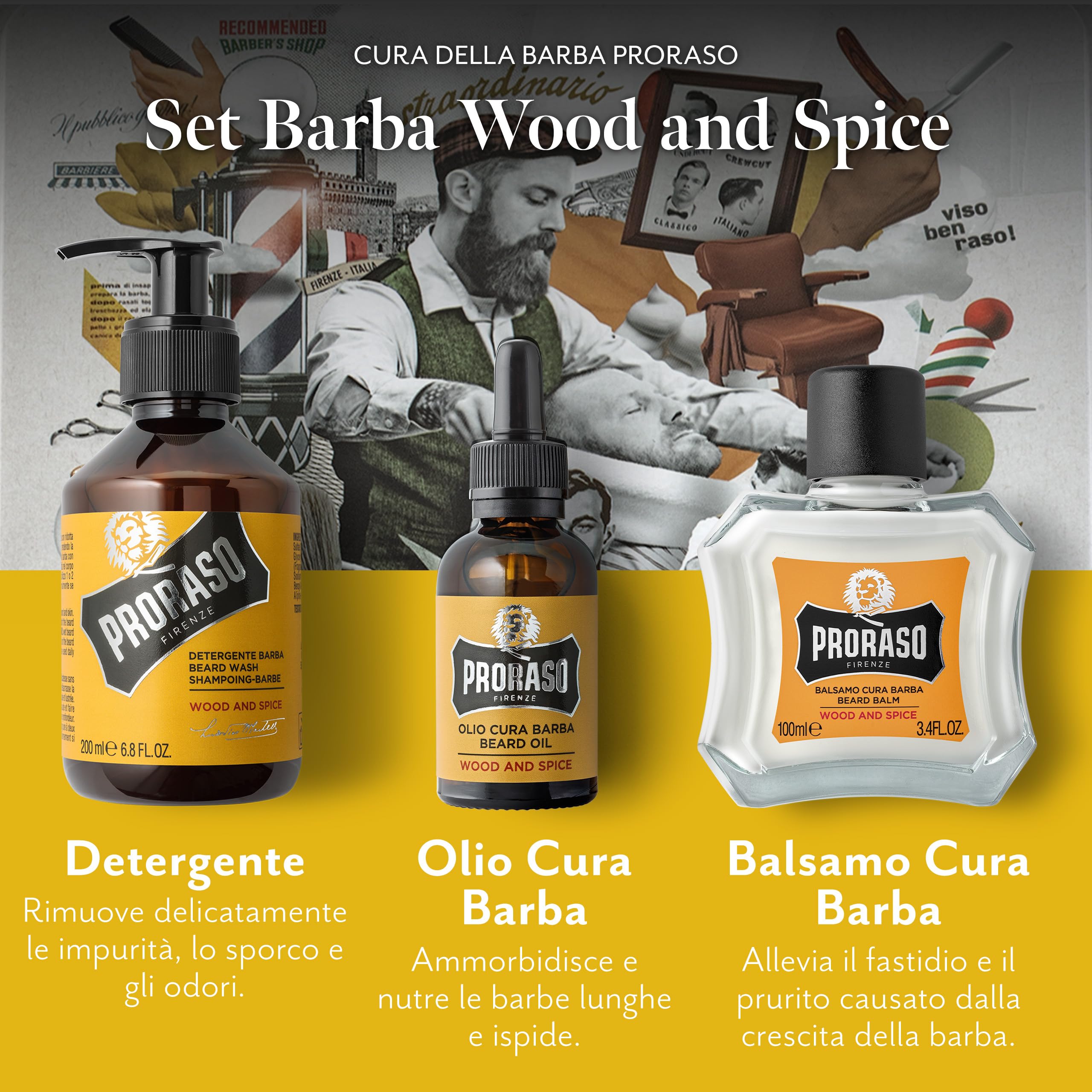 Proraso Set Barba Uomo Wood and Spice, Set ideale come regalo uomo contenente Shampoo da 200 ml, Olio 30 ml e Balsamo per la barba da 100 ml, Made in Italy