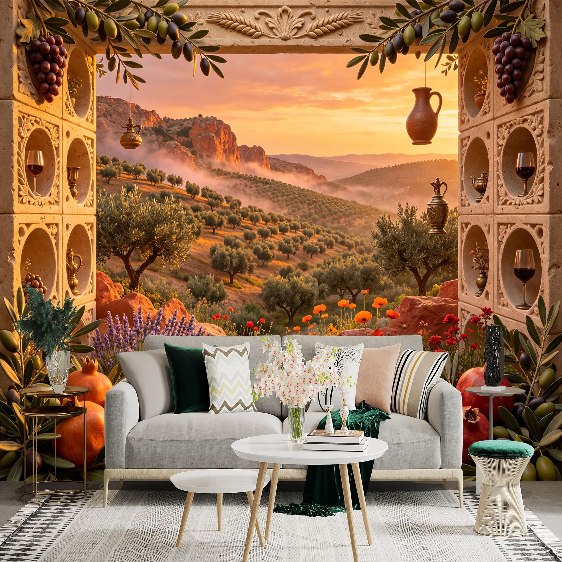 Lnzczhyre Bh260719739 Custom Size Wall Sticker Mural， Mediterranean Sunset Landscape， Olive Groves And Pomegranates， Rustic Stone Balcony View， For Wall Decoration， Peelandstick Wall Decals.
