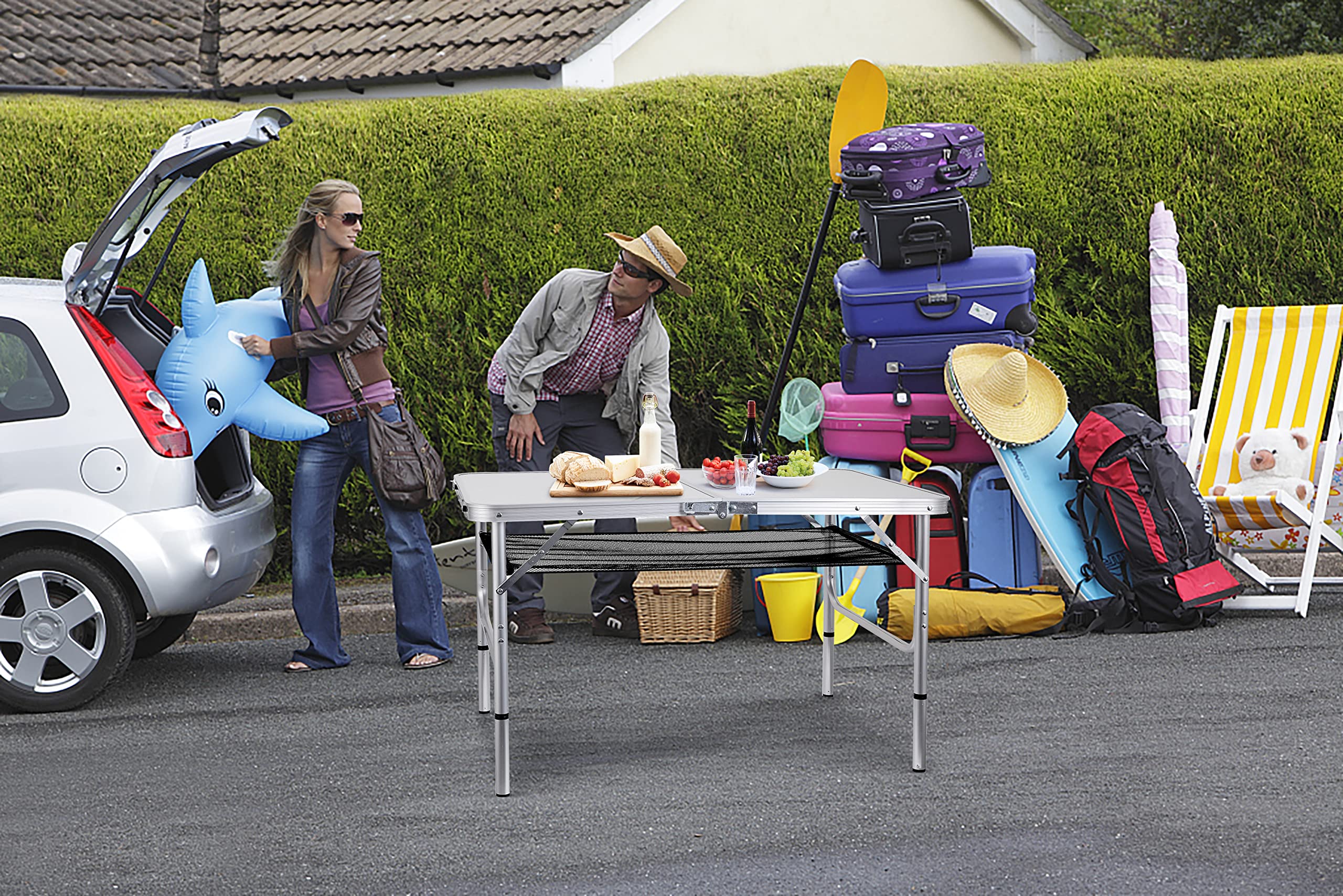 WGOS Card Table, Small Table, Folding Table, Adjustable 3-Level Heights Folding Camping Table with Mesh Holders, Lightweight Aluminum with Carry Handle, for Outdoor, Indoor (Medium)