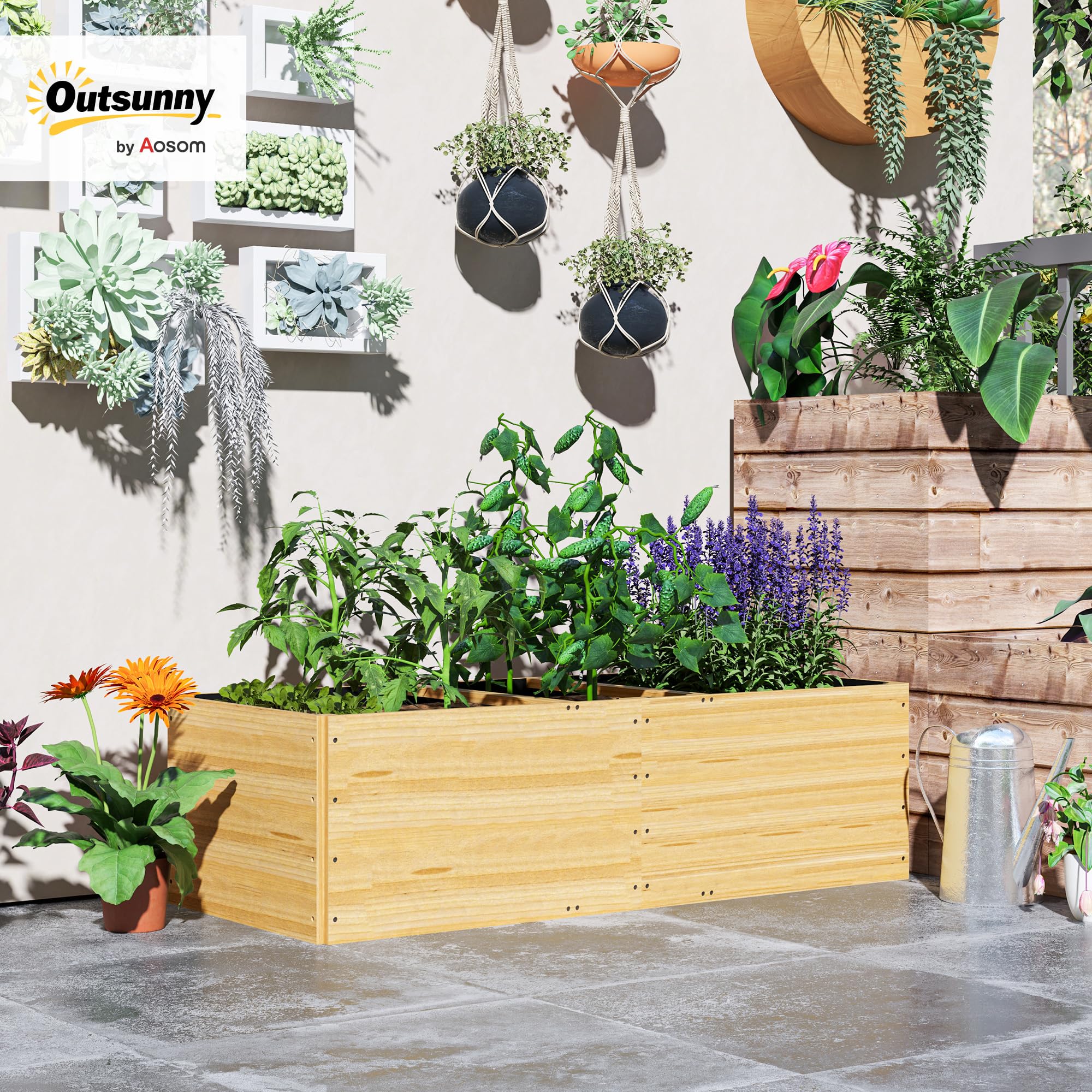 Outsunny Jardinera de Madera Jardinera Exterior Grande con Forro y 3 Áreas de Cultivo para Jardín Terraza Balcón 140x60x40 cm Natural
