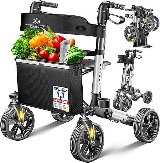 KESSER Rollator Aluminium Set, Leichtgewicht-Reiserollator mit Vollausstattung, 3-fach faltbar für Kofferraum klappbar Reise und Flug, Höhe verstellbar, Gurt, Stockhalter Gehwagen Laufhilfe Gehhilfe