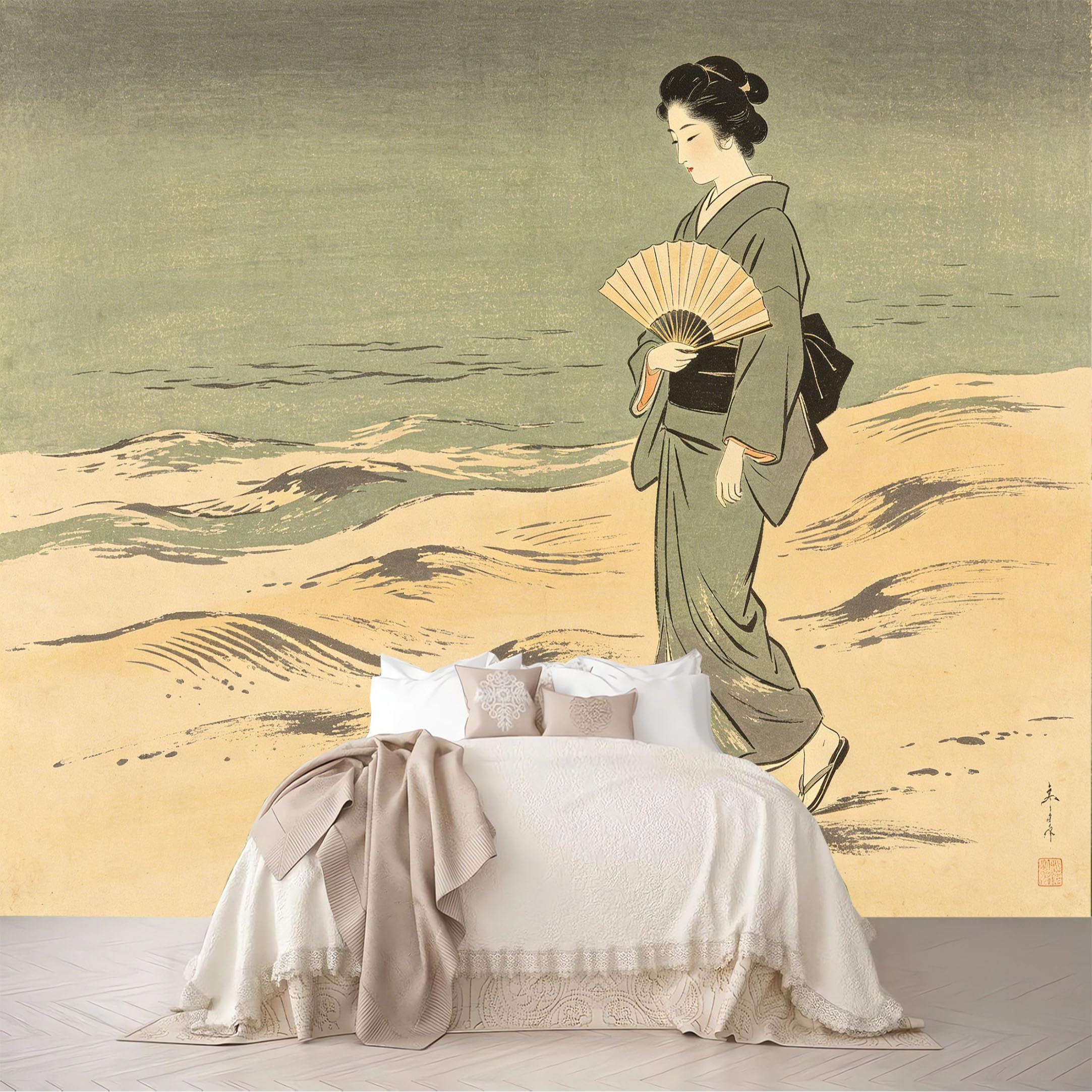 Dskjoviality Ab260706109 Custom Size Wall Murals Vintage Kimono Lady Fan Beach Wave Ukiyo-E Removable Self-Adhesive For Bedroom Living Room Dining Room