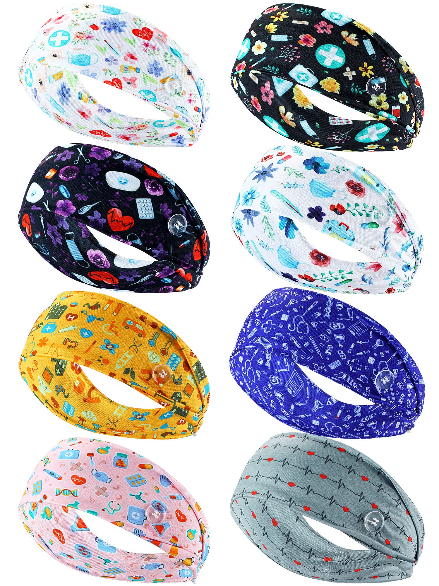 WILLBOND 8 Pieces Nursing Headbands with Buttons for Nurses Doctors Women Face Covering Ear Protection Holder Non Slip Elastic Hair Bands Wide Head