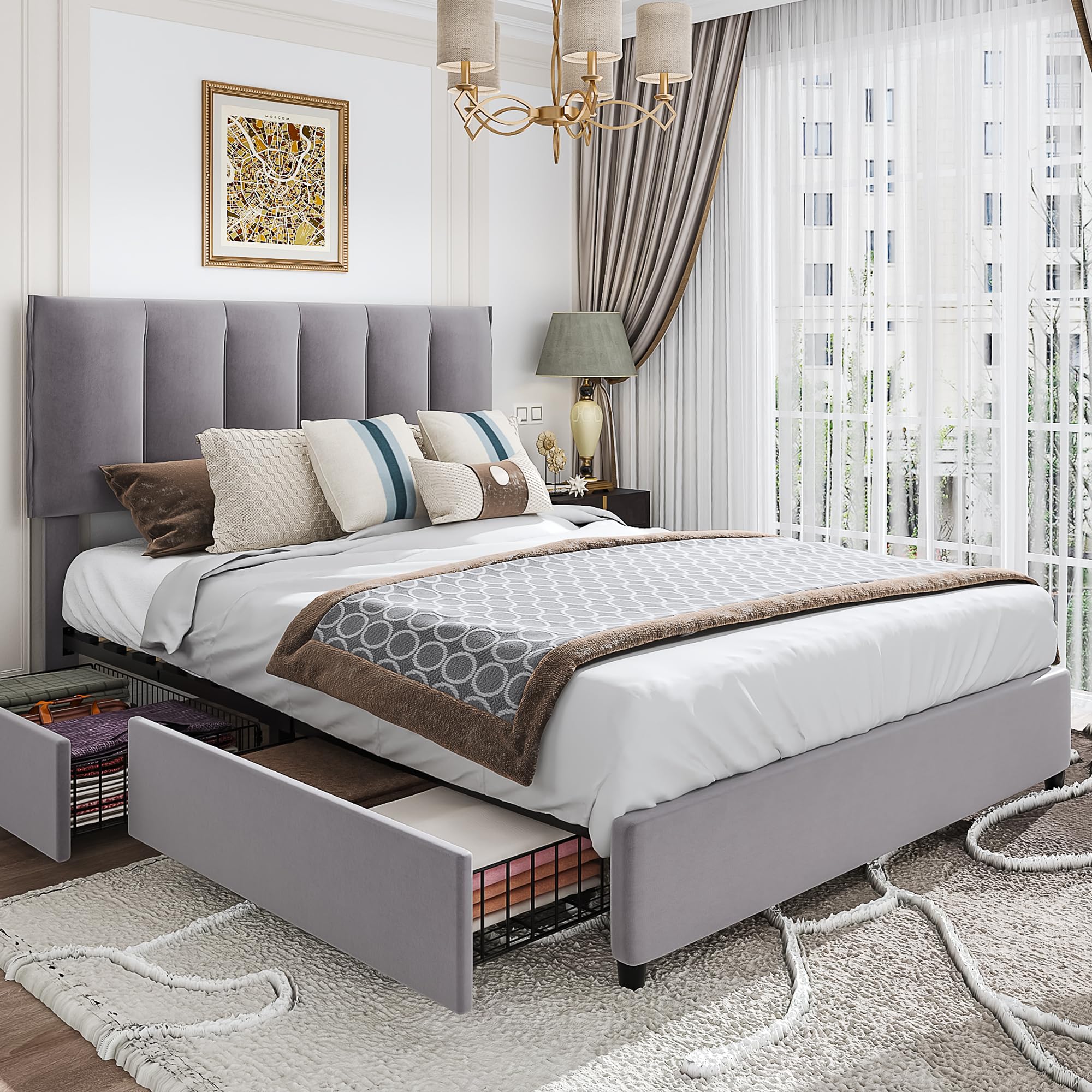 VECELO Full Size Bed Frame with 4 Storage Drawers, Adjustable Height Headboard, Heavy-Duty Platform Bedframe with Strong Wooden Slats, No Box Spring Needed, Dark Grey