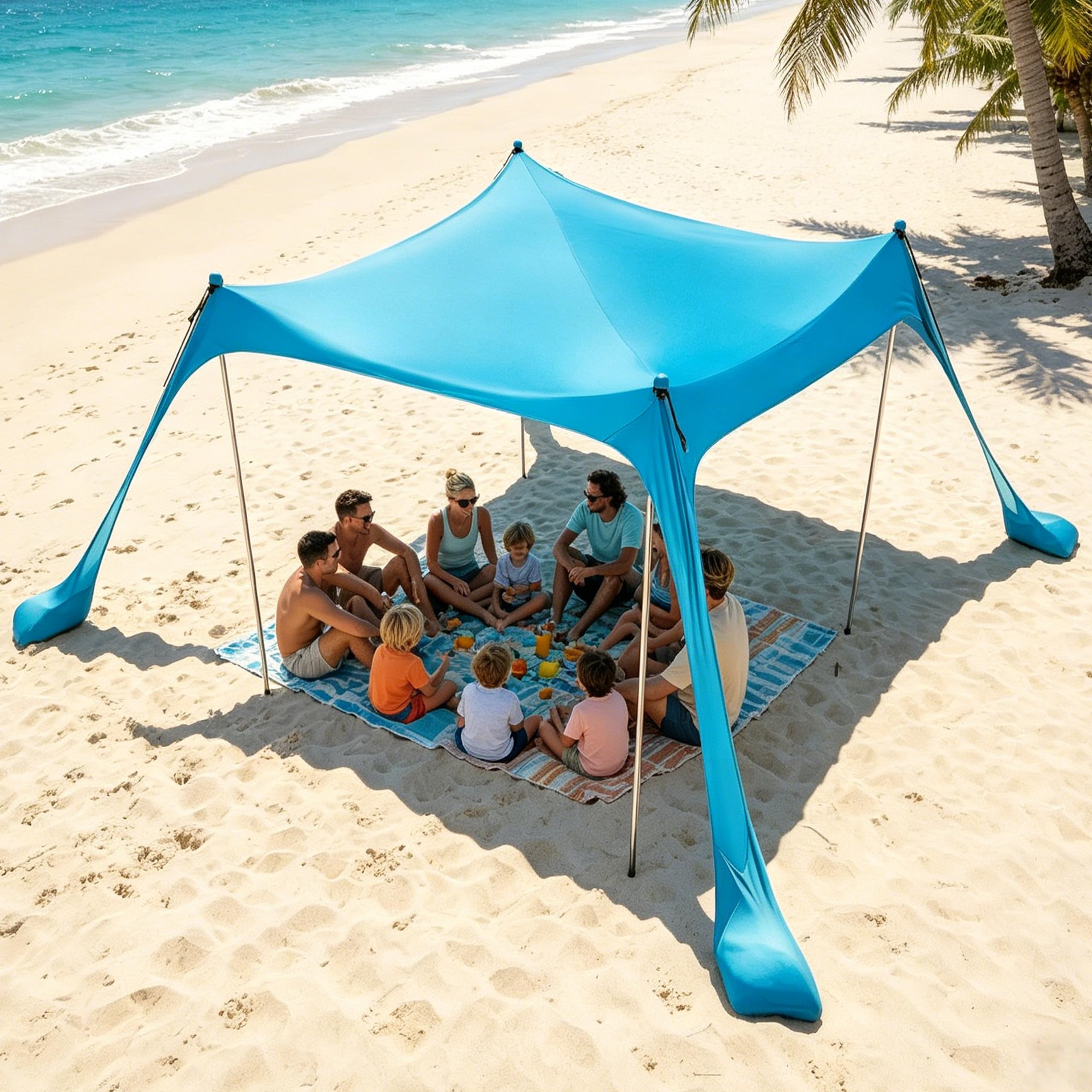 Sonnensegel Strand mit Sandsäcke Lycra UPF 50+ Strandzelt Sonnenschutz Windfest Strandzelt mit 4 Aluminiumstangen Sandschaufel für Strand Camping