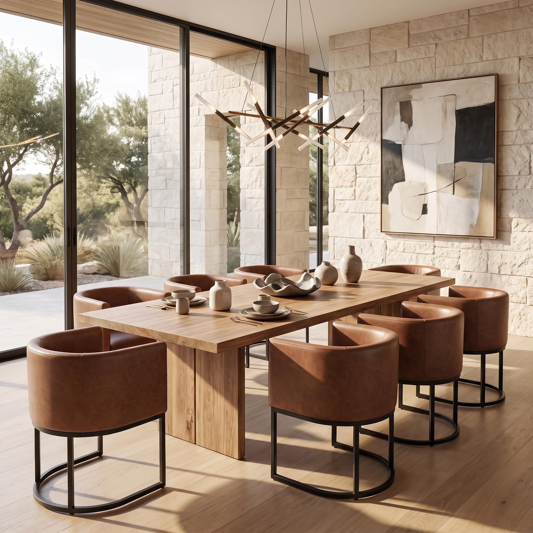 HNY Mid Century Modern Upholstered Barrel Dining Chairs with Arms Set of 8, Leather Kitchen &amp; Dining Room Chairs, 18.5" Wide Accent Chairs for Dining Room Living Room with Black Metal Frame, Brown