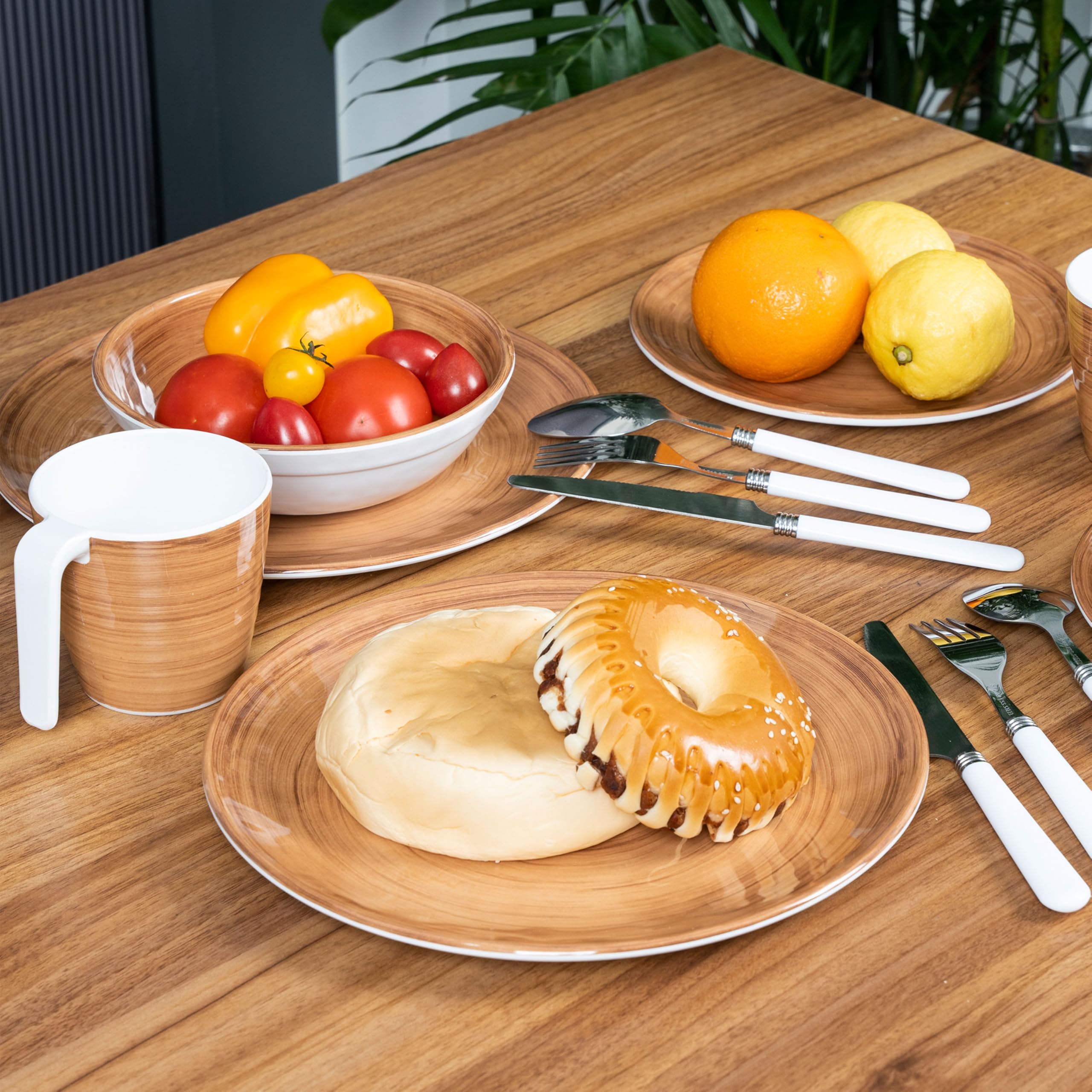 Melamin Geschirr Set Braun 6 Personen 24 Teile Tassen Zubehör Camping Party