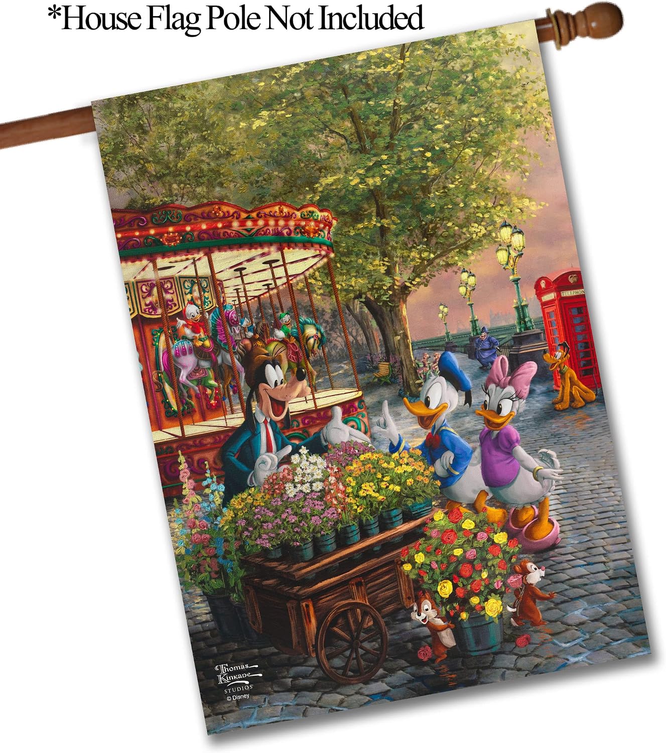 Flagology.com, Thomas Kinkade, Disney Friends in London – House Flag 28" x 40", Outdoor Flag, Exclusive Premium Fabric, Licensed Thomas Kinkade Disney