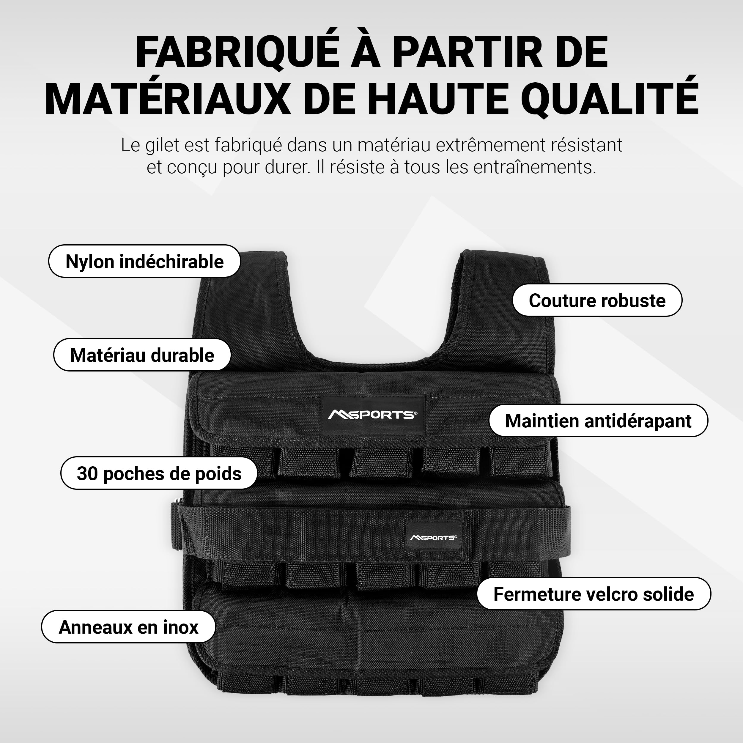 MSPORTS Gilet lesté de qualité supérieure, réglable de 5 kg à 30 kg, pour l'entraînement et la musculation