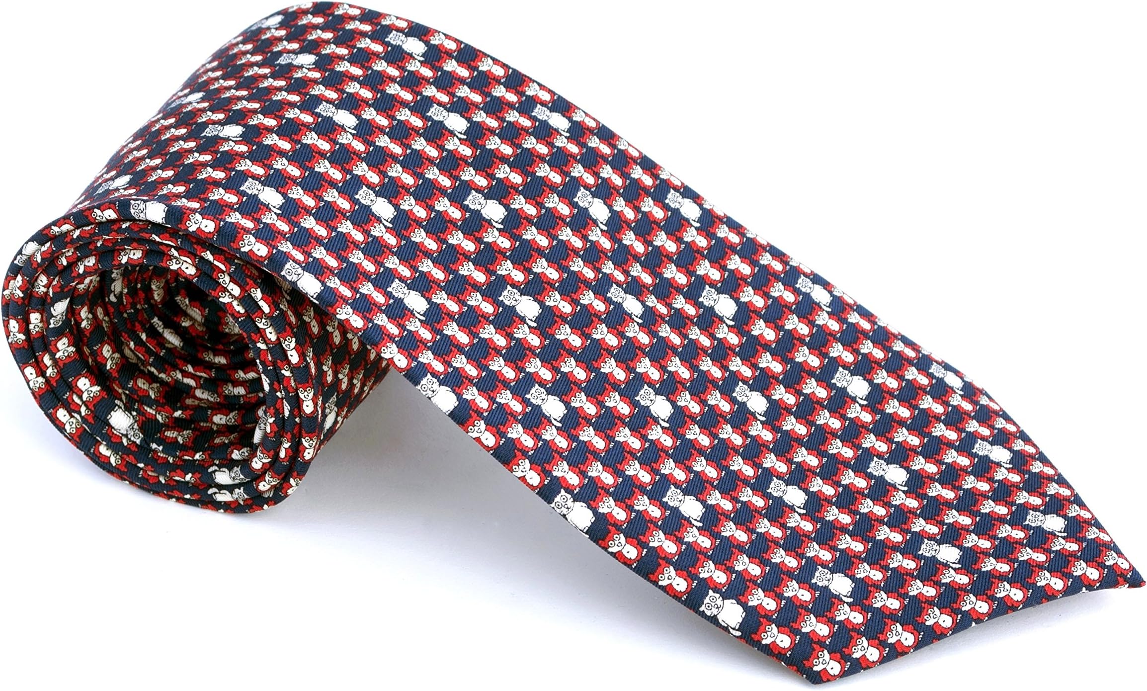 Men's 100% Silk Neckties Owl Printed Tie (Red and Blue)