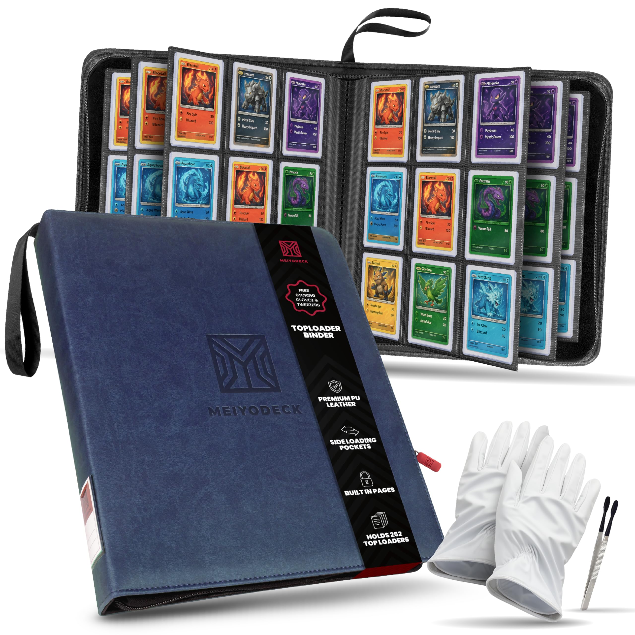 Top Loader Binder–Card Binder Top Loader with Tweezers and Gloves Included–TCG Binder, PU Leather Cover, 252 Top Loaders for Cards, Top Loader Sheets