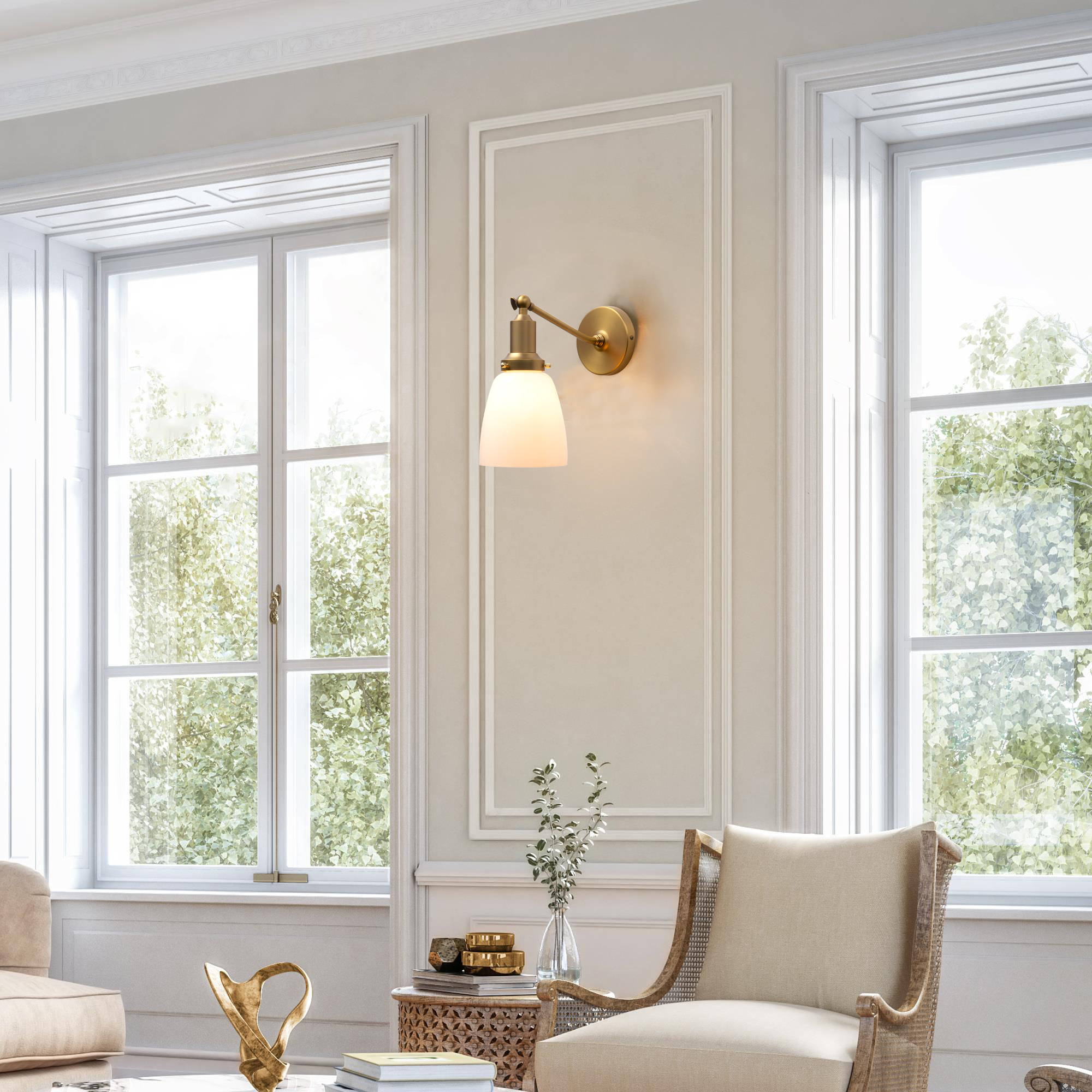 Image of PERMO Industrial Vintage Slope Pole Single Sconce with 5.5 inch Oval Dome White Glass Shade Black Wall Sconce Wall Mount Light Lamp Fixture