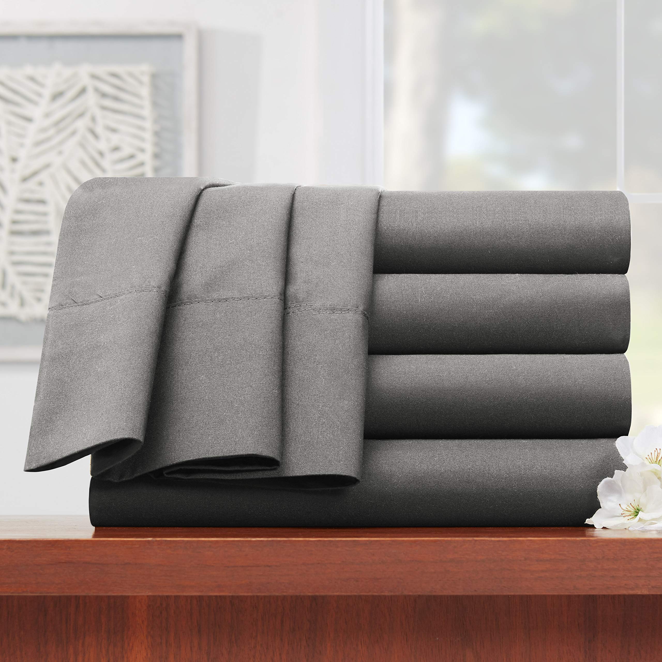 Empyrean Bedding Premium Flat Sheets – 4-Pack “110 GSM” Top Bed Sheets Double Brushed Microfiber Thick and Comfortable Flat Sheets Set, Luxurious & Soft Hotel, Queen, Charcoal Gray