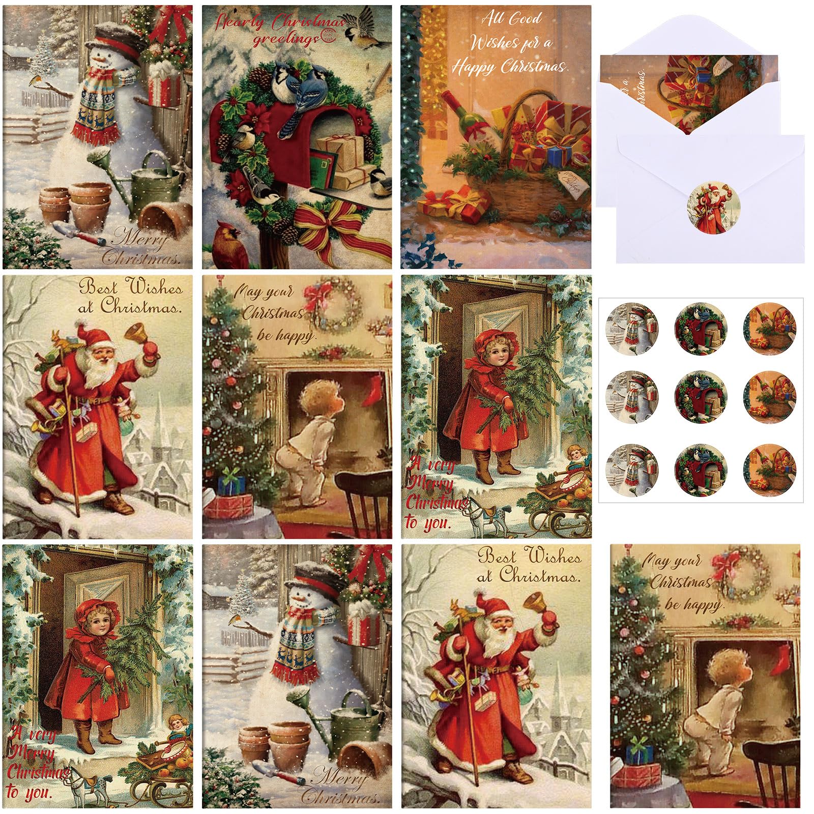 Lot de 120 cartes de vœux de Noël vintage avec enveloppes, autocollants, 15,2 x 10,2 cm, assortiment de cartes de Noël rétro en vrac 6 motifs, cartes de vœux de Noël vierges vintage