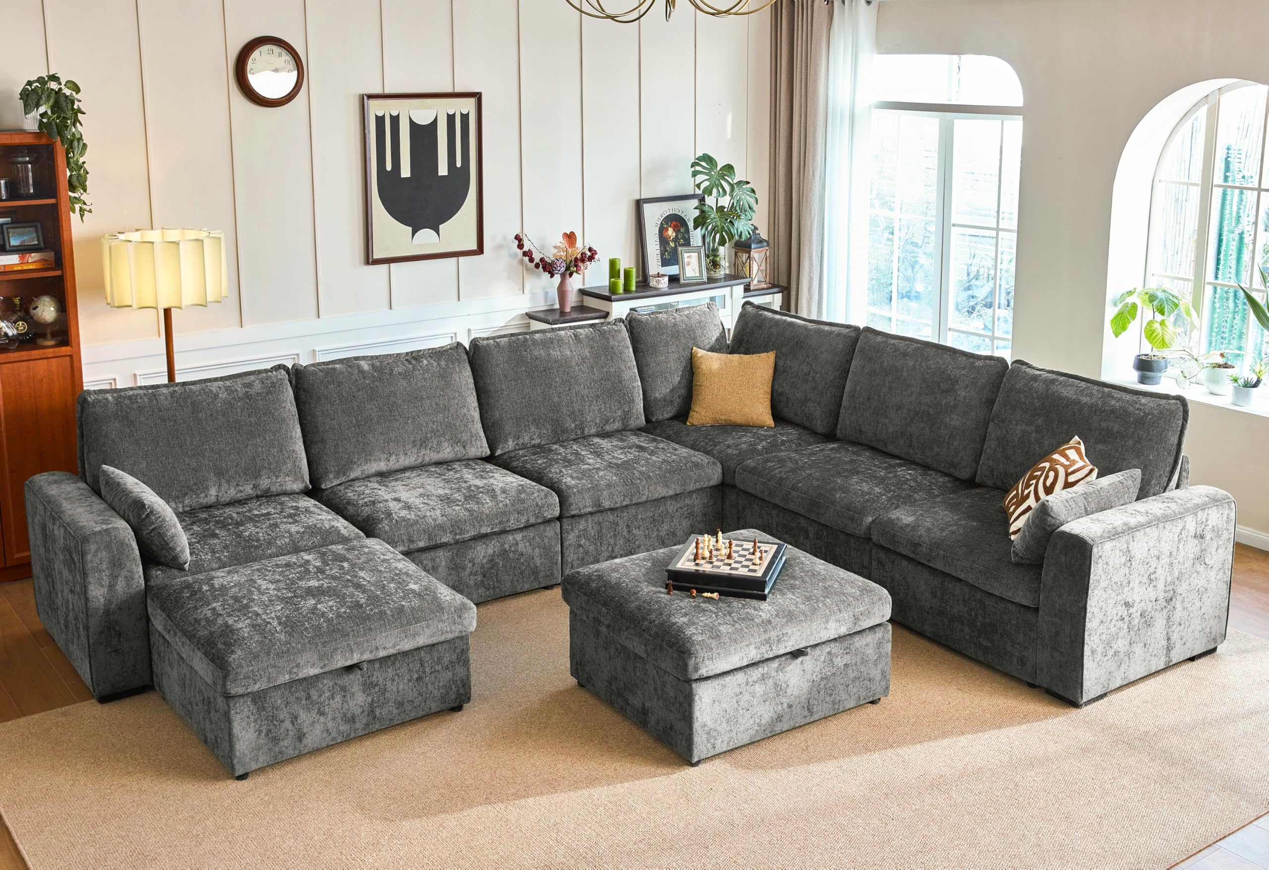 Bedeep 155.9'' Oversized Modular Sectional Sofa Plush Cloud Couch with Storage, Convertible Deep U-Shaped Couch with Chaises for Living Room, 6-Seater