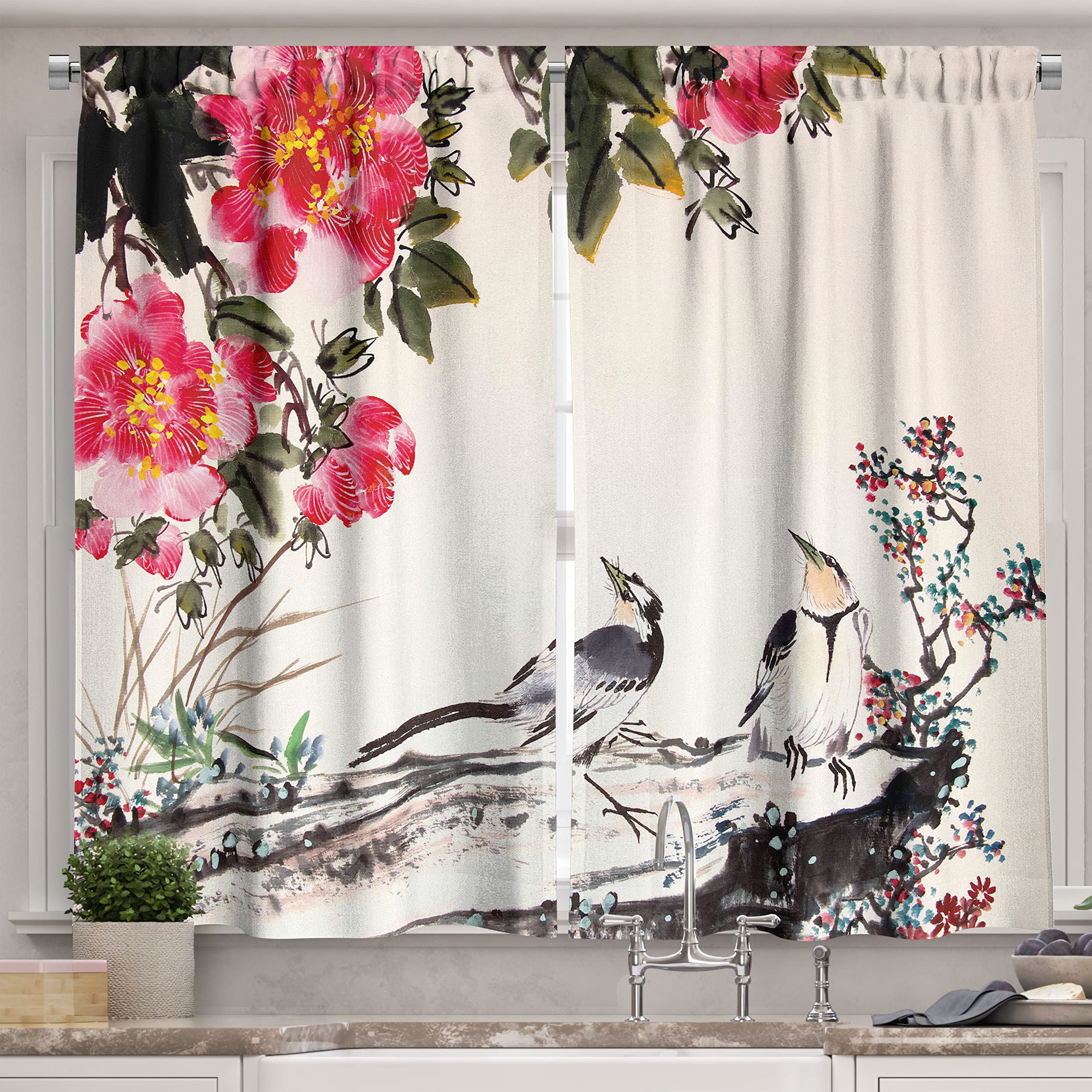 Ambesonne Nature Kitchen Curtains, Chinese Ink Painting Birds and Blooming Peony Flowers Spring Season Artwork Image, Window Drapes 2 Panel Set for