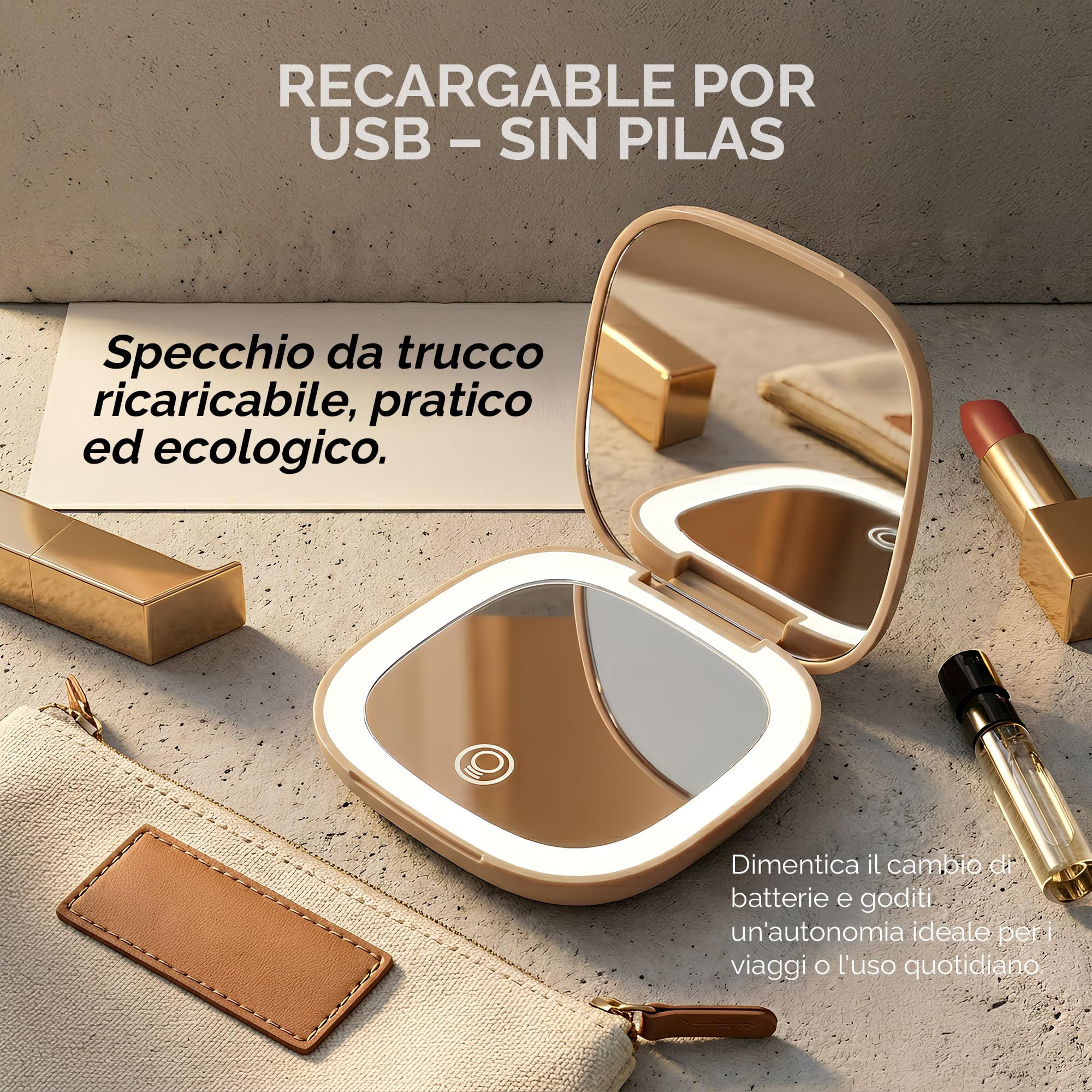 Nyra - Specchio da viaggio a LED ricaricabile, 3 modalità di luce e luminosità regolabile, ingrandimento x1 e x3, batteria 400 mAh, ricarica tipo C, compatto e portatile per il trucco
