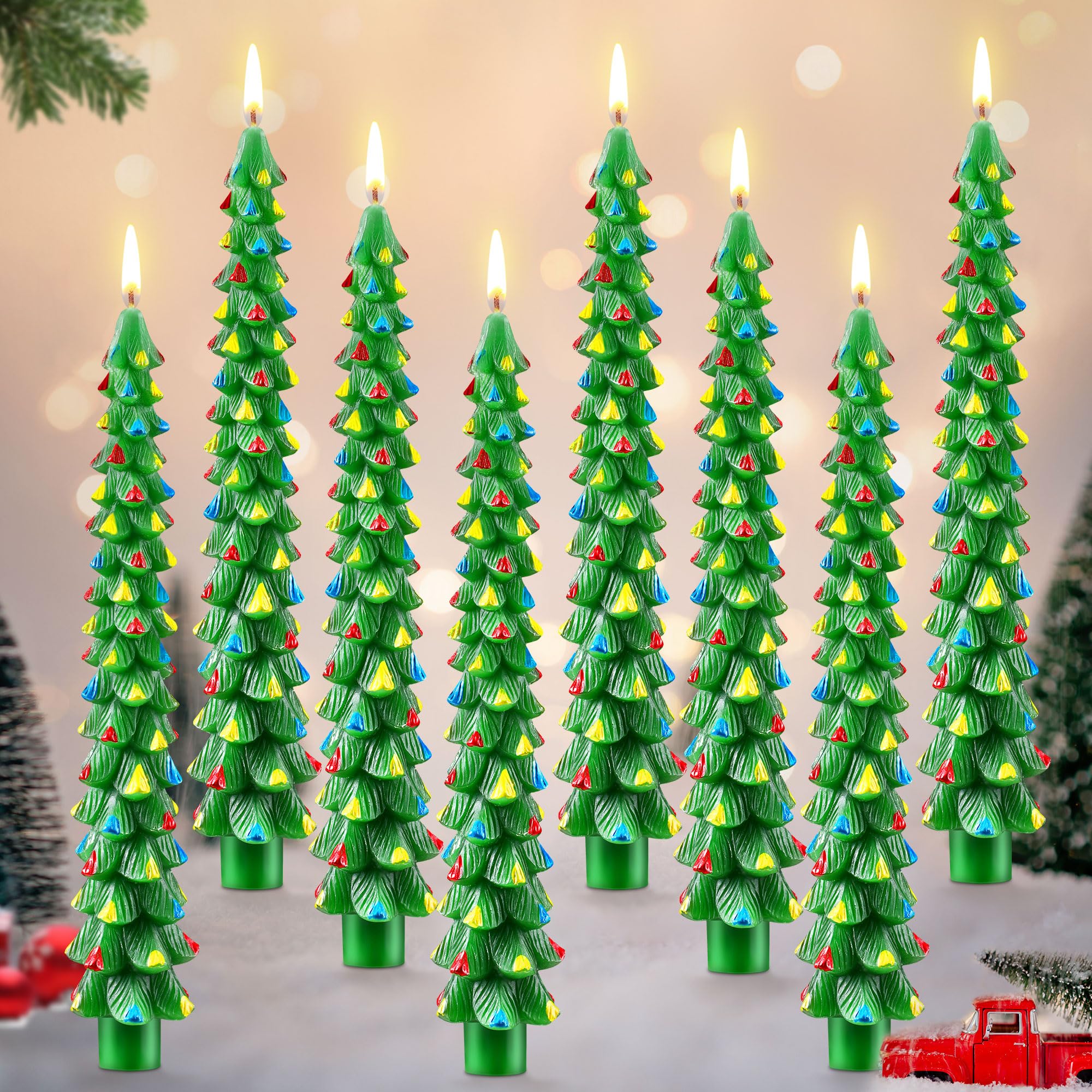 8 pack christmas tree candles, 10 inch pure beeswax christmas tree shaped taper candles for xmas holiday decor, advent party banquet centerpiece decoration(green with multicolor trim)