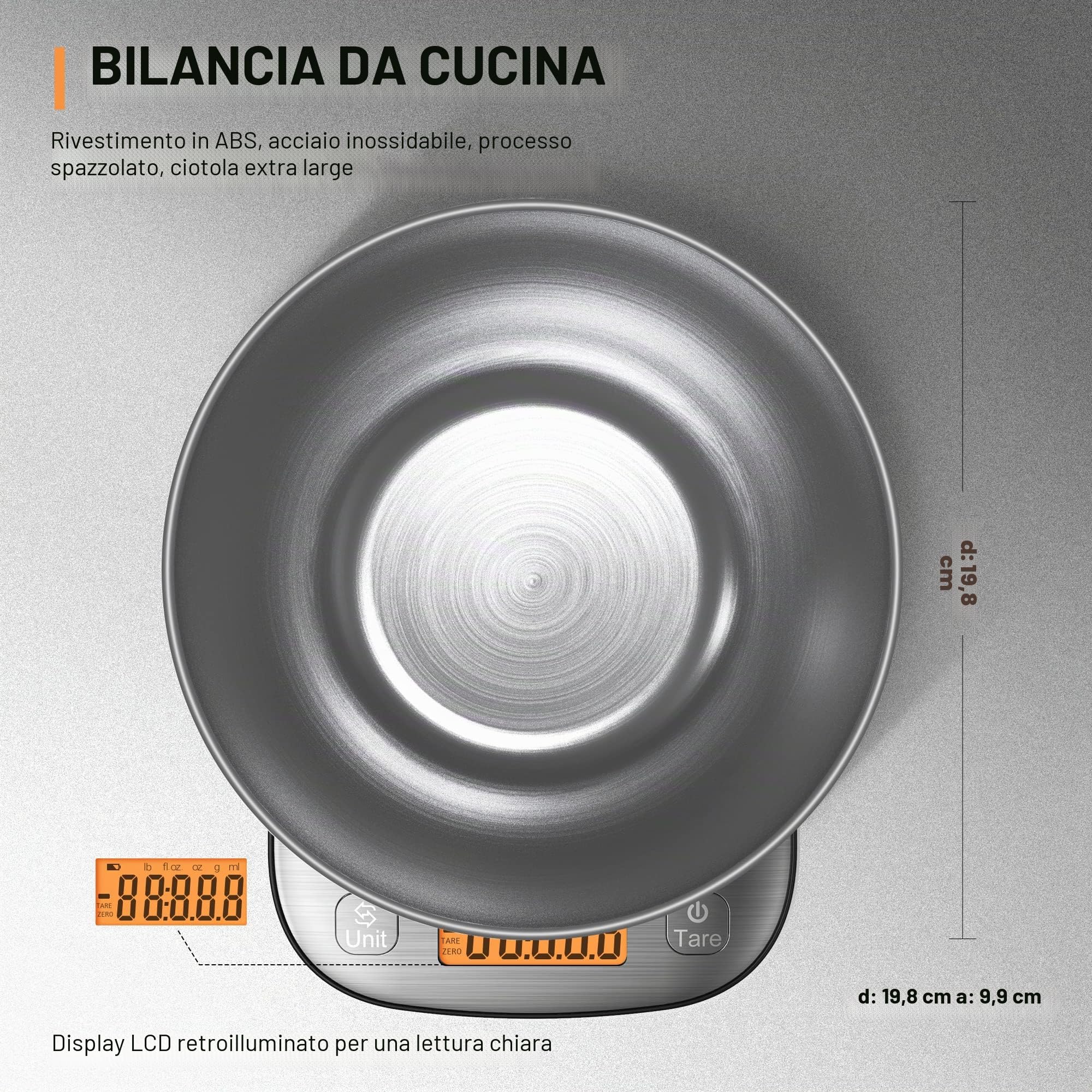 GRAM PRES Bilancia digitale da cucina con grado di impermeabilità IPX6, professionale, in acciaio inox, con ciotola per la perdita di peso, per la dieta e la cottura
