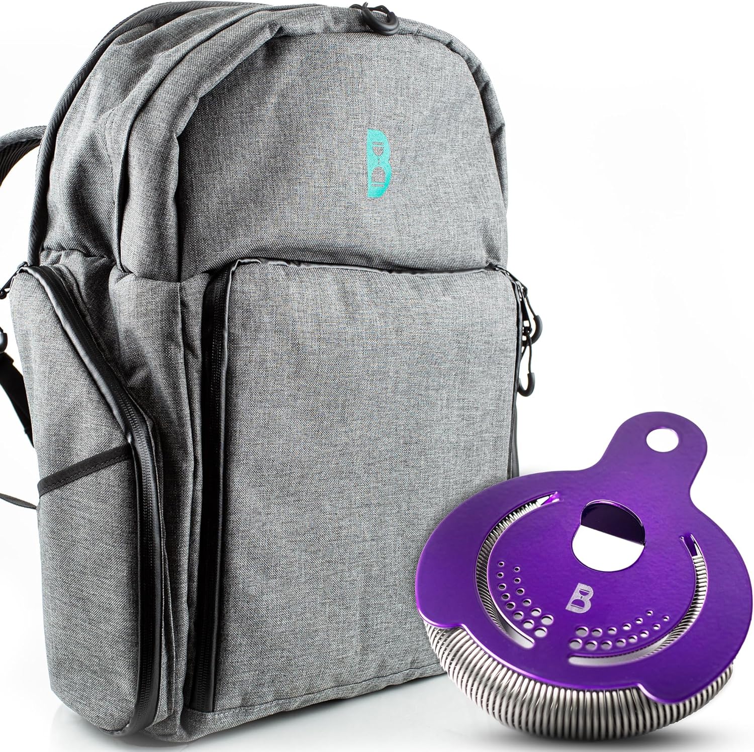 Bull in China Hawthorne Strainer + Bartender Backpack - Electric Purple | Bar Hand Strainer | Cocktail Strainer | Strainer for Bartending | Mixing Glass Strainer