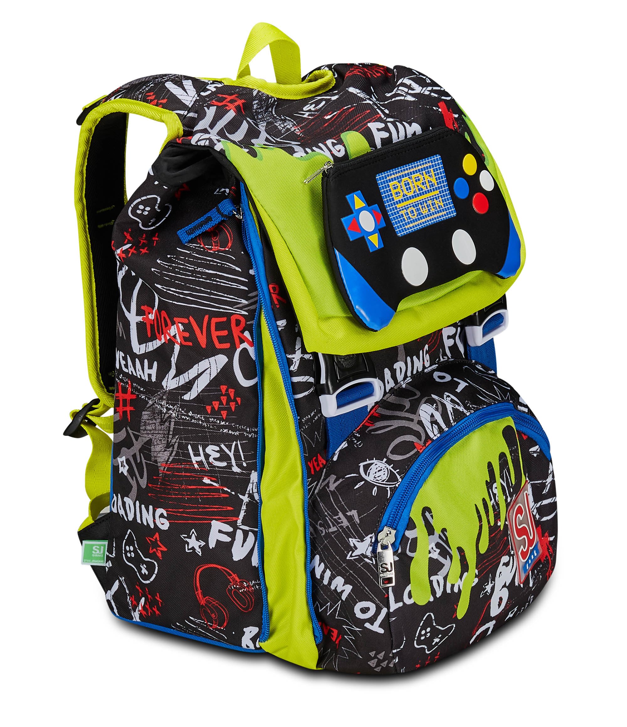 SJ GANG STYLE JAM GANG Zaino Scuola Estensibile, Nero e Verde, Born To Fun, Zaino Doppio Scomparto Estensibile Tramite Zip Laterali, Tasca Porta Borraccia, Zaino Scuola Elementare, Zaino Bambino