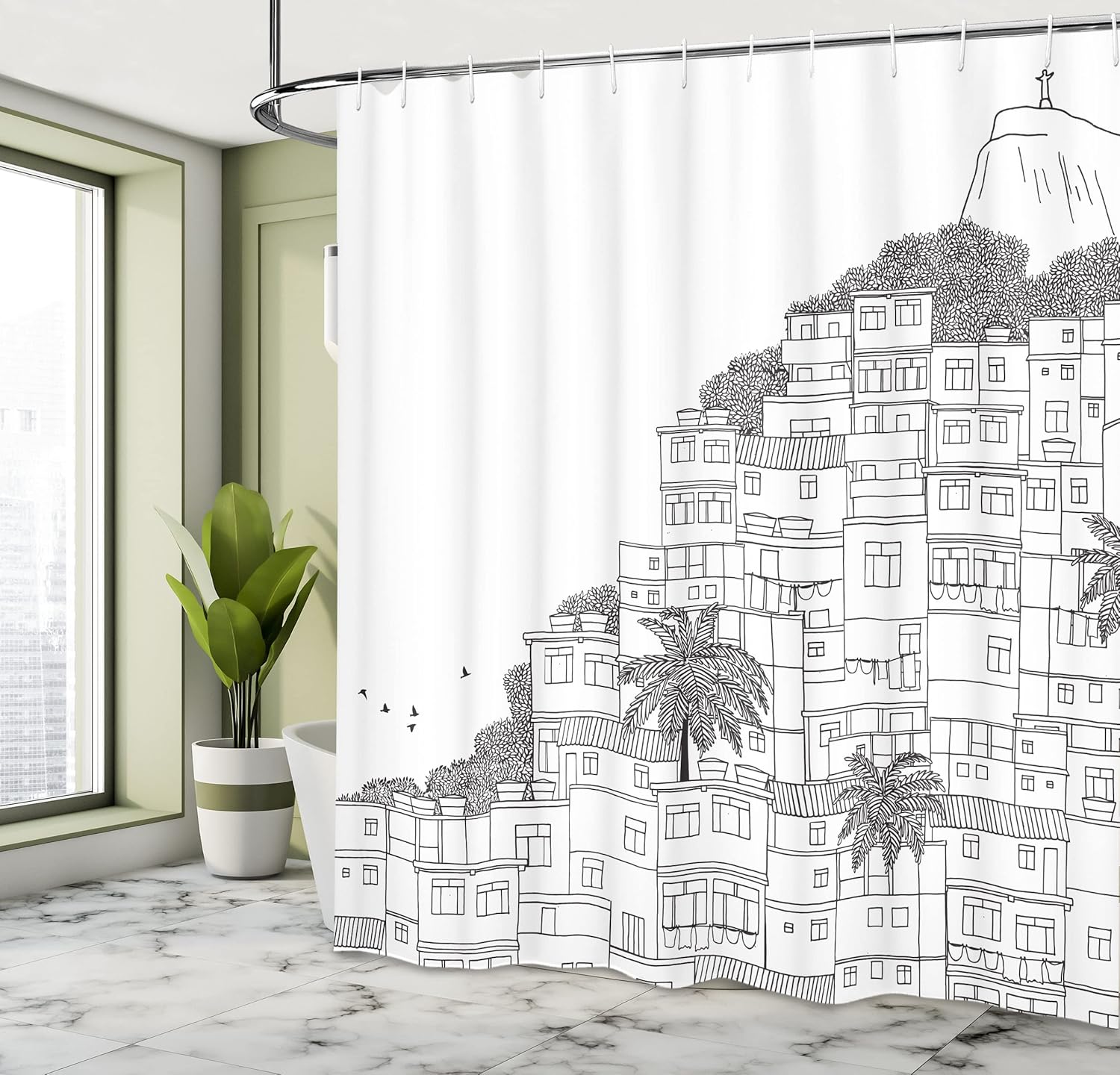 Ambesonne Rio de Janeiro Shower Curtain, Brazil Apartments Palm Trees Before de Redeemer Sketch Art, Cloth Fabric Bathroom Decor Set with Hooks, 69" W x 70" L, Charcoal Grey and White
