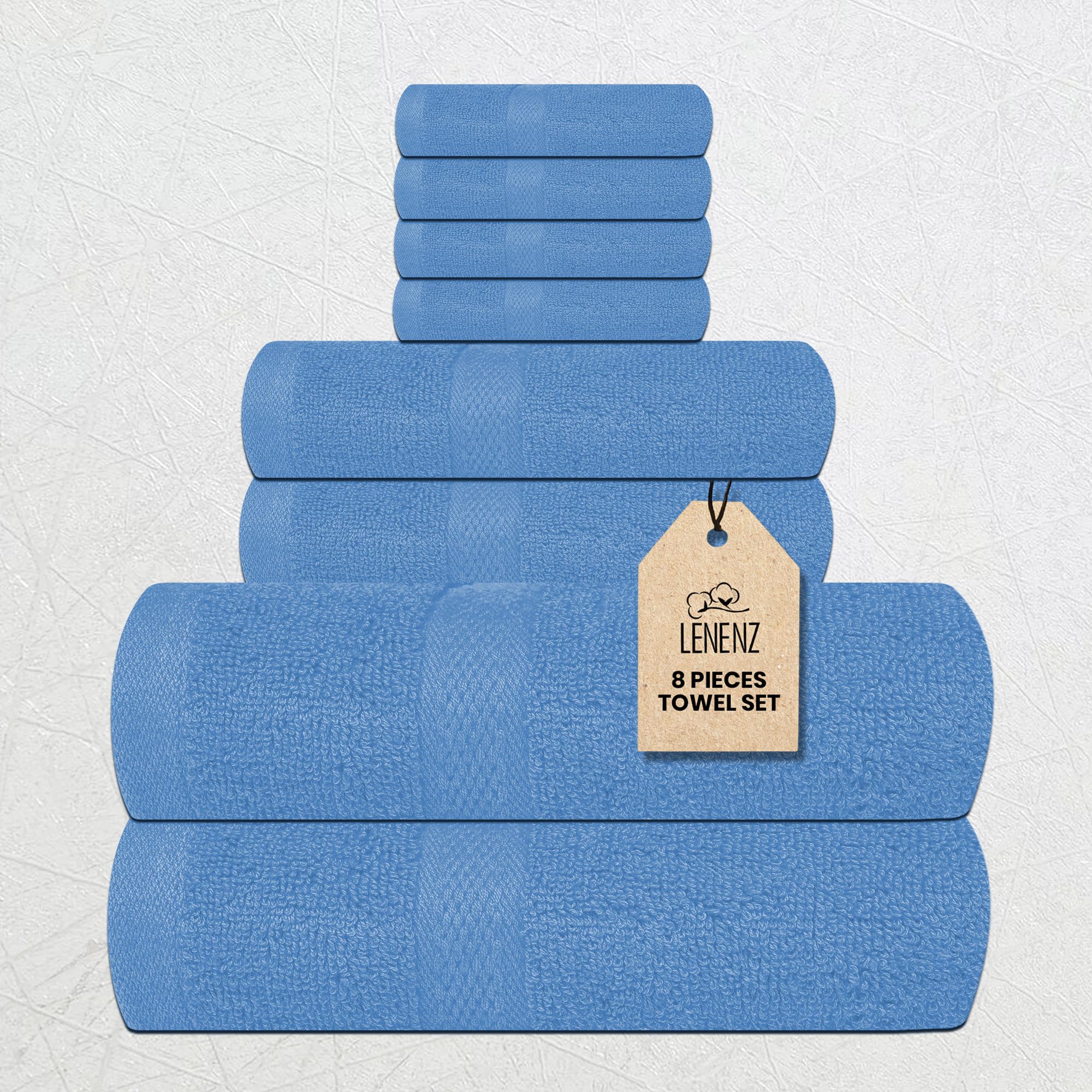 Lenenz Luxury 8 Piece Set, 2 Bath Towels 2 Hand Towels 4 Washcloths, 100% Cotton Towels for Bathroom, Home, Spa, Hotel & Gym – Ultra Soft, Highly