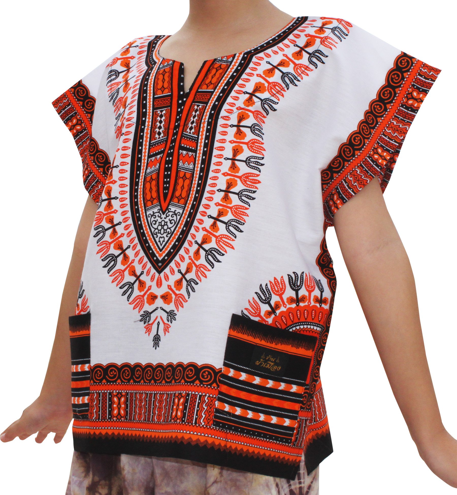 RaanPahMuang Childs Unisex African Dashiki Kaftan Shirt - XS to L, 0-2 Years, Logo - White Light Orange