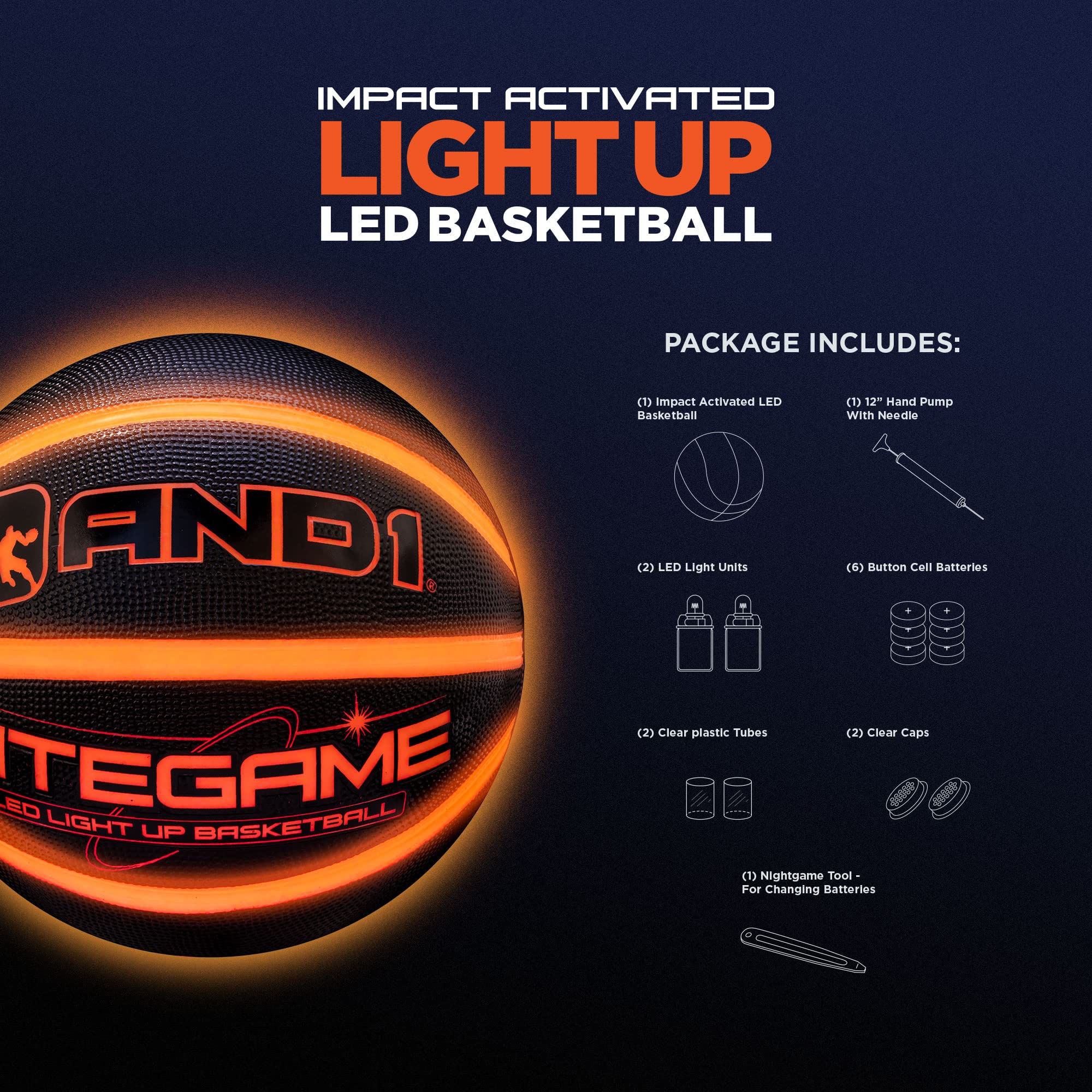 AND1 Nitegame LED Light Up Basketball - Impact Activated Glow in The Dark - Regulation Size 7 (29.5 inches), for Outdoor or Indoor Basketball, Sold Deflated, Comes in Black or Orange