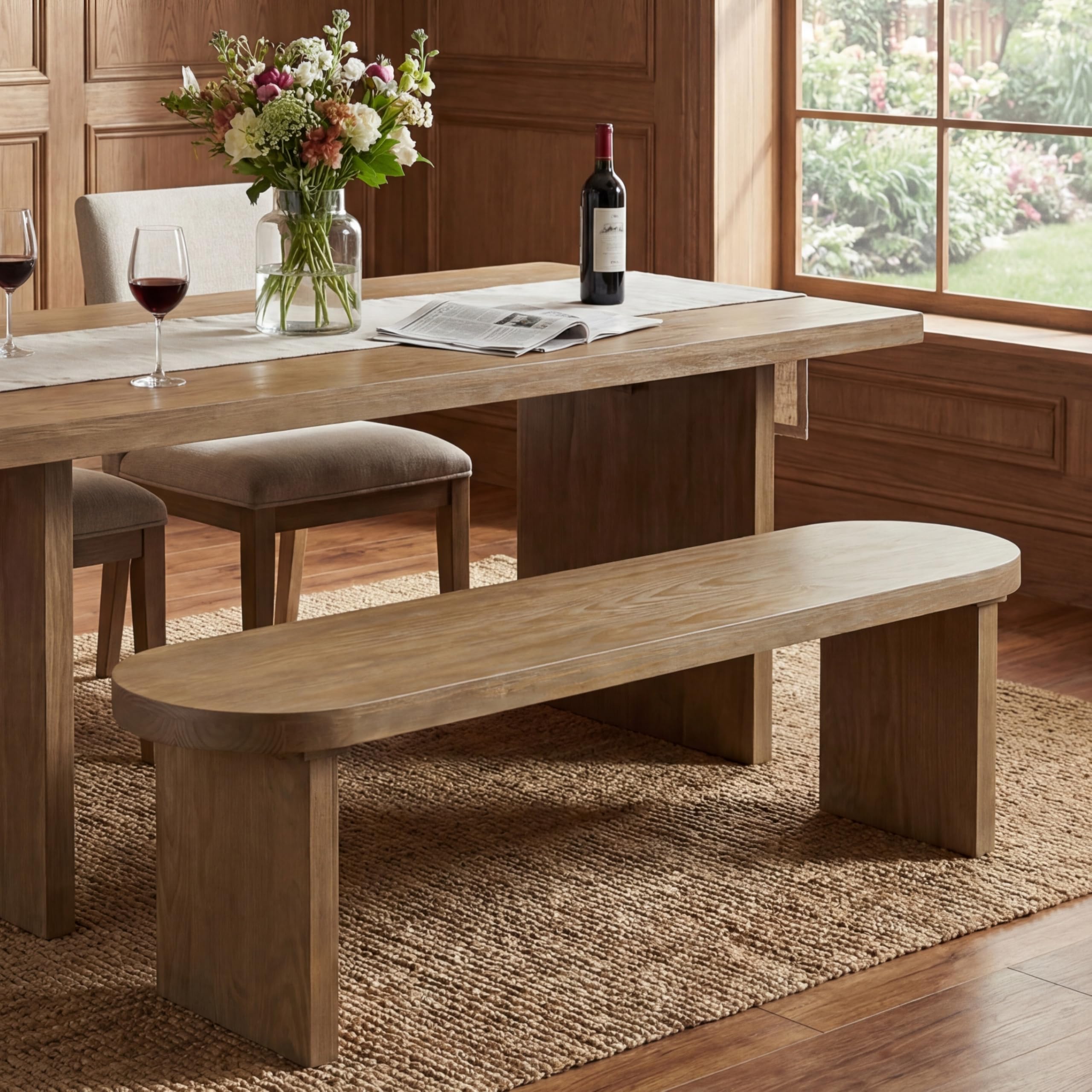 Merax 62.8" Solid Pine Dining Bench with Thick Block Legs – Rustic Modern Wood Seating for 3 Adults, Heavy Duty 350lbs Capacity, Natural Finish for Farmhouse Dining Room & Kitchen