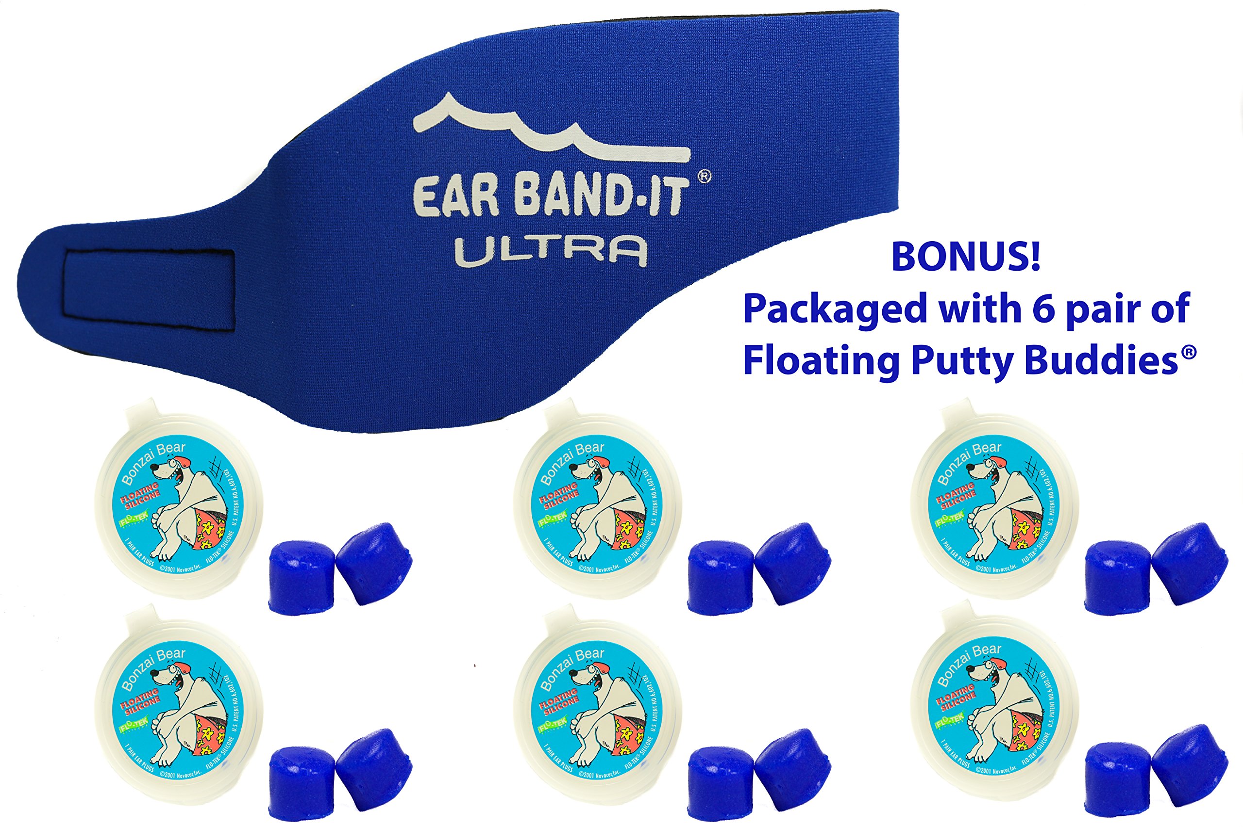 EAR BAND-IT Ultra Swimming Headband with Putty Buddies earplugs - 6 Pair Soft Silicone Premium Ear Plugs - The Best Swim Headband and Earplugs - Doctor Recommended
