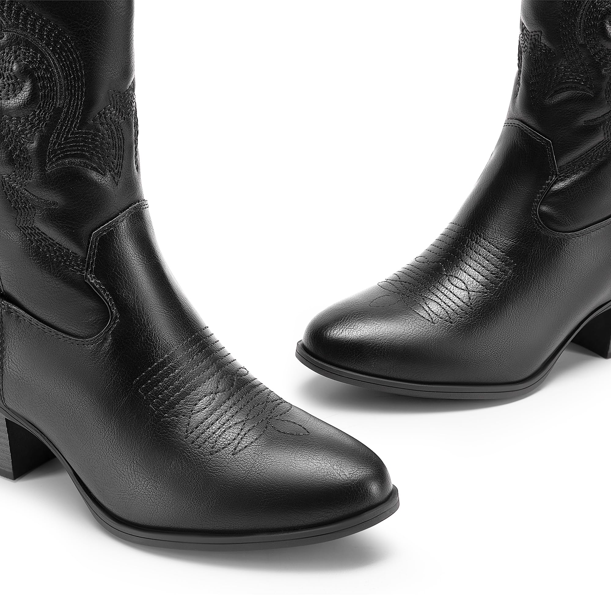 DREAM PAIRS Botas Vaqueras para Mujer, Botas Vaqueras de Media Caña con Bordado, Punta Redonda, Tacón Bajo Grueso Estilo Western