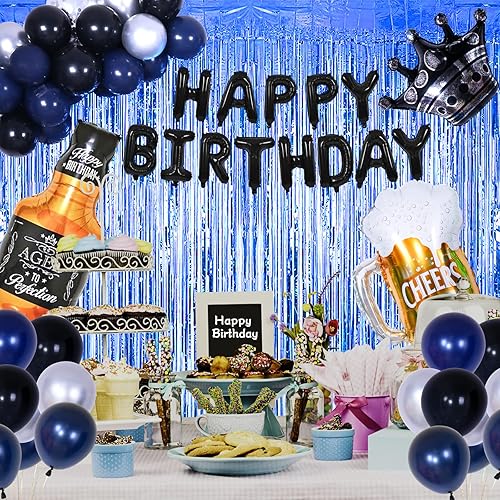 Miniatura 3 de Decoraciones de fiesta negras y azules, decoraciones de feliz cumpleaños para hombres y mujeres, decoración de fiesta negra con cortinas de flecos