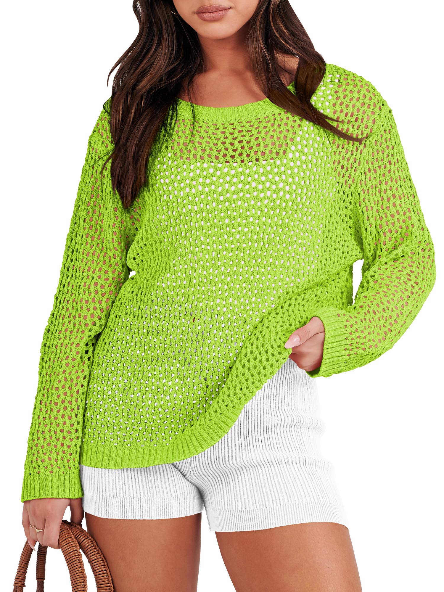 ANRABESS Women's Summer Sweater Crochet Beach Cover Up Hollow Out Long Sleeve Mesh Shirt Top 2024 Spring Outfits