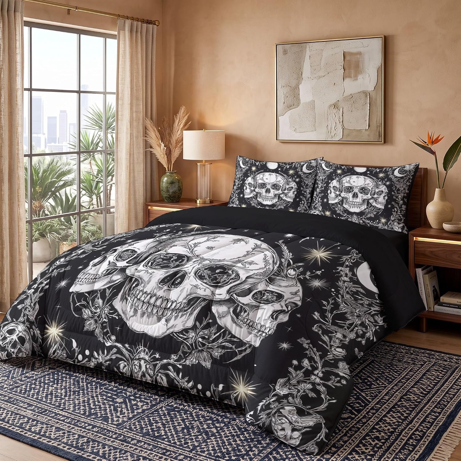 Retro and Mysterious Quilt Full Size Black and White Quilt Bedding Set | 3 Pieces Soft Lightweight Microfiber Star and Moon Skull Bedspread Coverlet Set for All Season, 79"X90"
