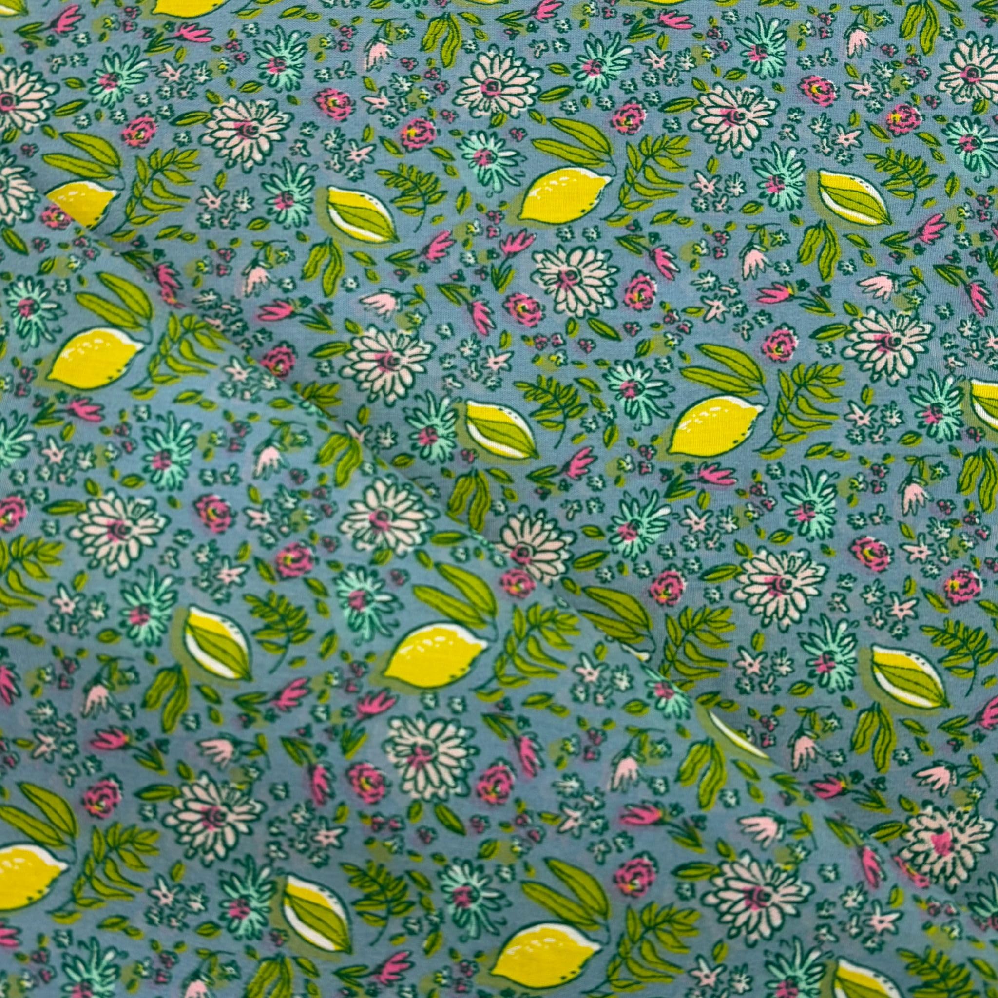 Polycotton Print Fabric, Lemons & Flowers Design, Blue, 112cm Wide, Sold by the Metre, for Dressmaking, Crafts & Bags