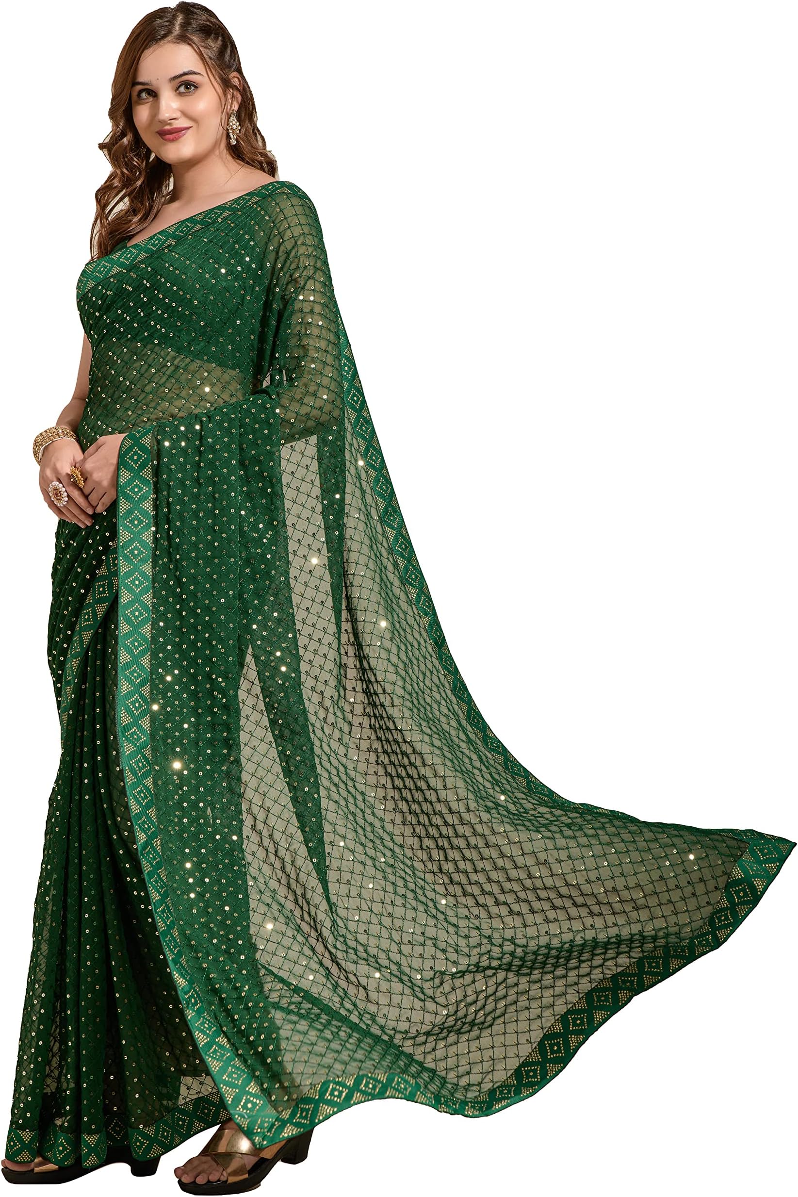 Elina fashionSarees for Women Sequin Embroided Faux Georgette Sari | Indian Bollywood Saree & Unstitched Blouse