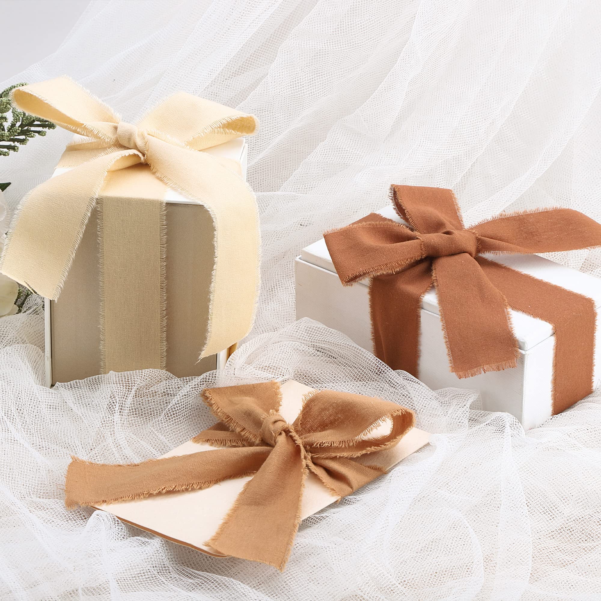 Keypan 3 rollos de cinta de algodón hecha a mano con flecos con borde deshilachado para envolver regalos de boda, ramos de decoración, manualidades, invitaciones, 1.6 pulgadas x 5 yardas