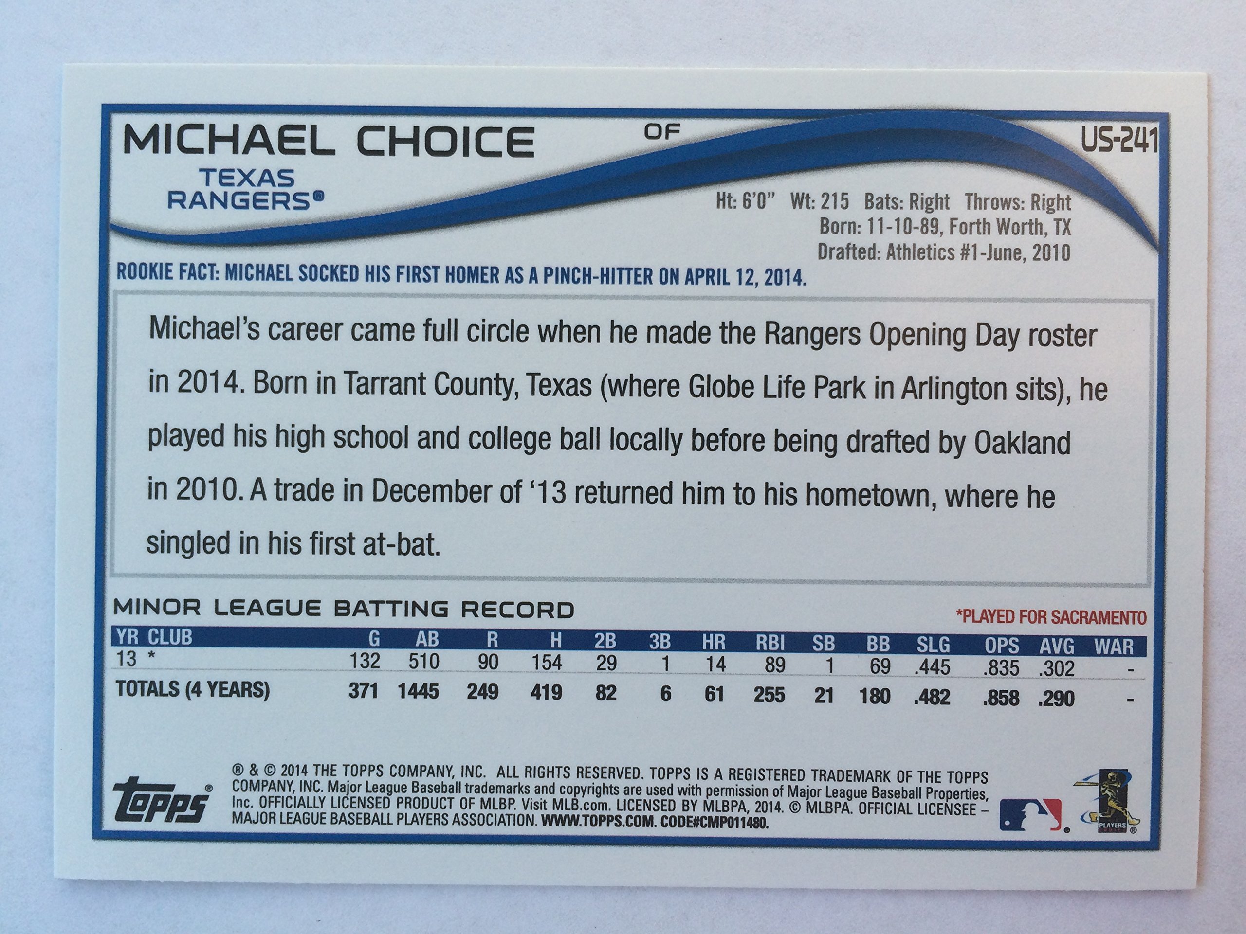 Amazon.com: 2014 Topps Update Red Foil #US-241 Michael Choice NM/M