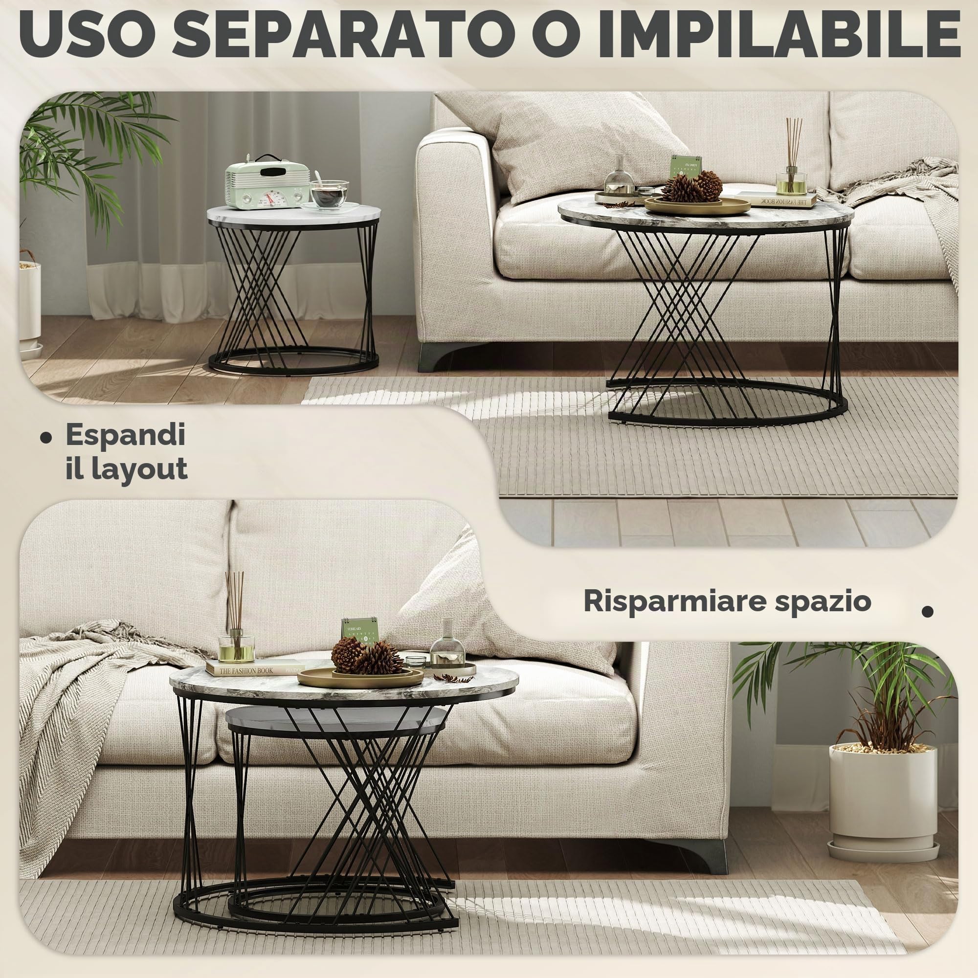 HOMCOM Set di 2 tavolini tondi nidificati Ø70/44,5cm grigio bianco | Tavolini nidificati, piano effetto marmo, gambe in metallo, stile moderno, per piccoli spazi, camera da letto