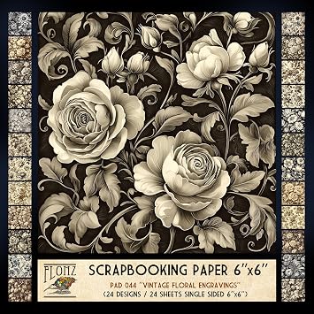 FLONZ Scrapbook Paper 24 sheets 6"x6" Vintage Floral Engravings  Detailed monochrome flower compositions in retro botanical engraving style, rendered through digital etching and stippling