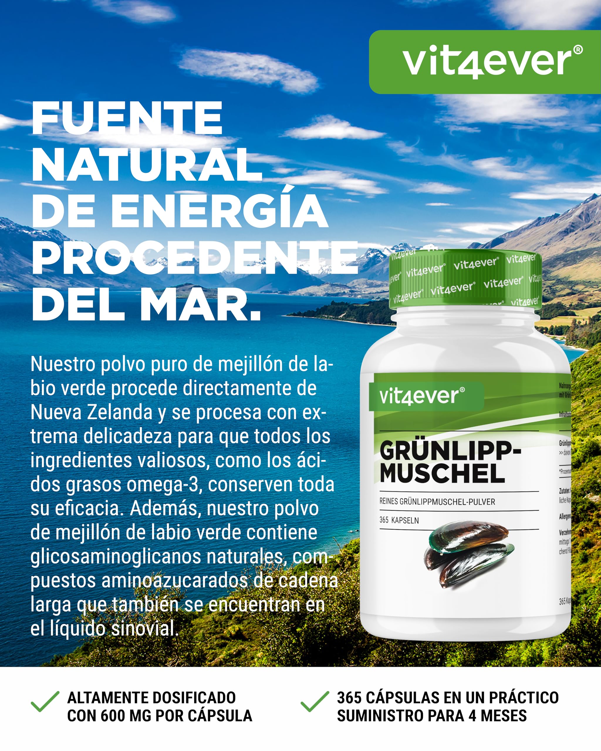 Mejillón de labio verde - 365 cápsulas de 600 mg cada una - Con glicosaminoglicanos - Extracto altamente dosificado - 100% polvo de mejillón de labio verde de Nueva Zelanda sin aditivos
