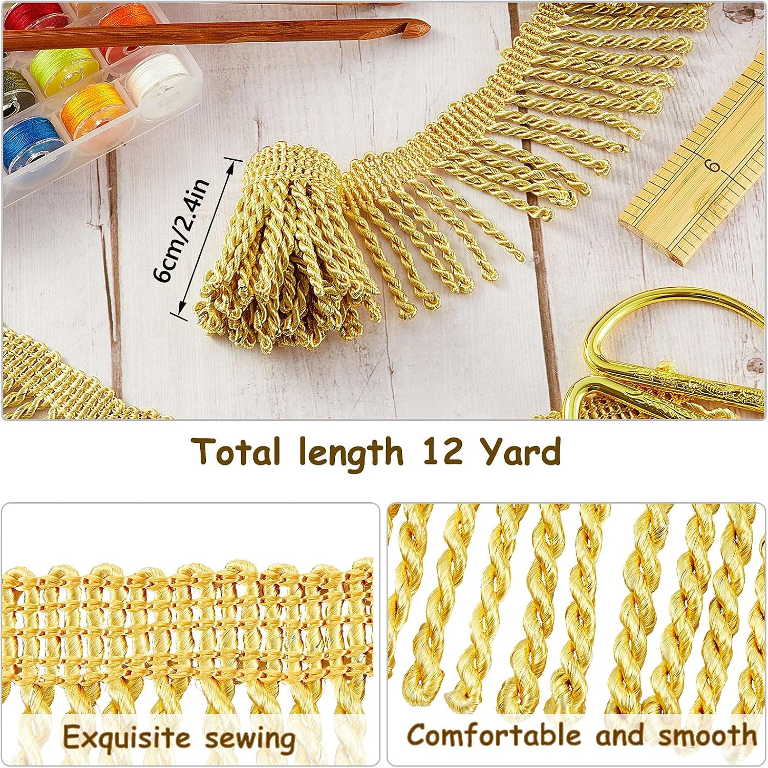 Waydress Fringe Trim Bright Sheen and Beautiful Decorations for Curtain Box Sofa Crafts Home Decor Supplies (Gold, 12 Yards)