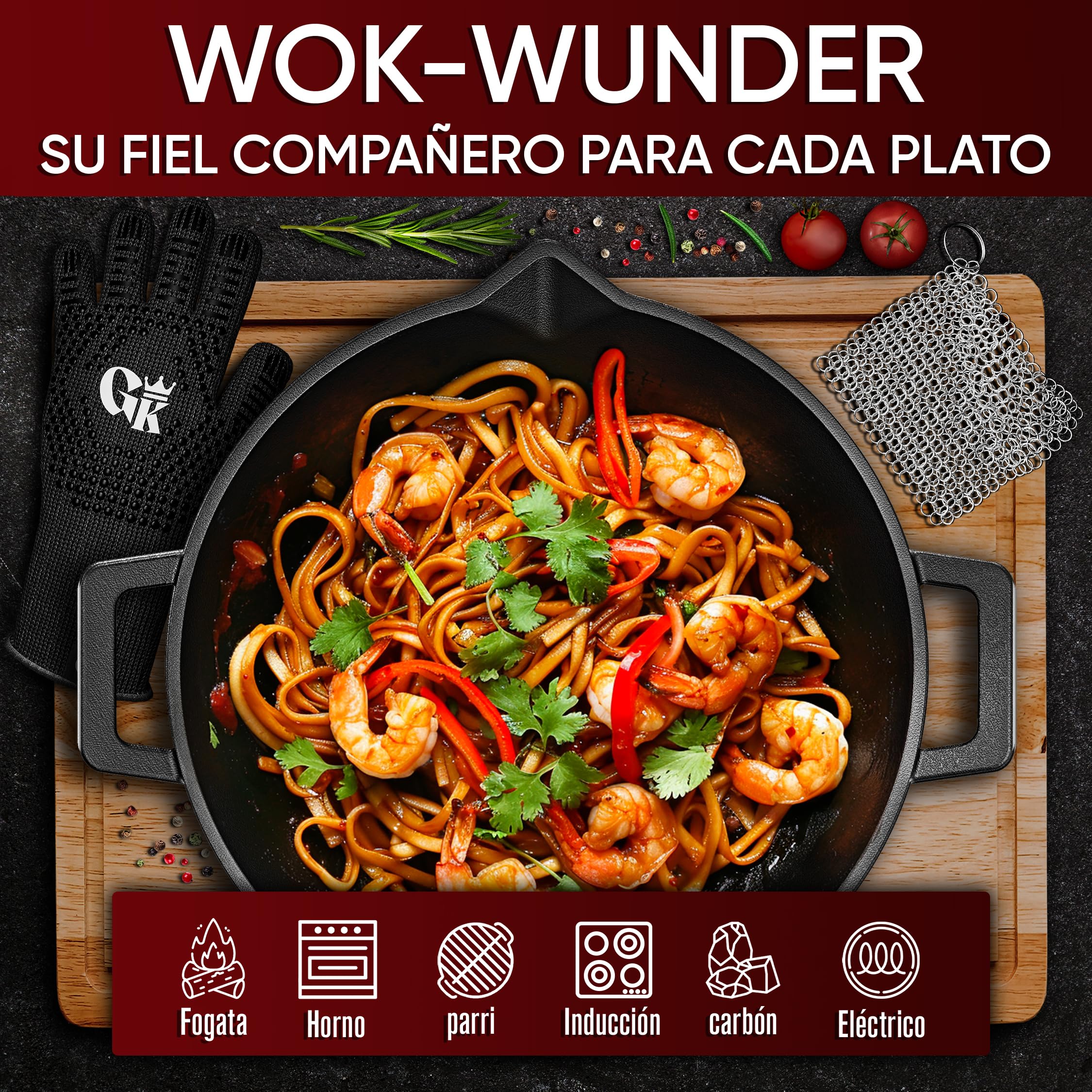 GUSSKÖNIG Wok de Hierro Fundido – sarten wok de 36 cm para Gas, Inducción, Vitrocerámica, Horno y Fogata – Incluye Limpiador de Anillo de Acero, Guantes para Grill y Recetario–Alternativa a Wok Tefal