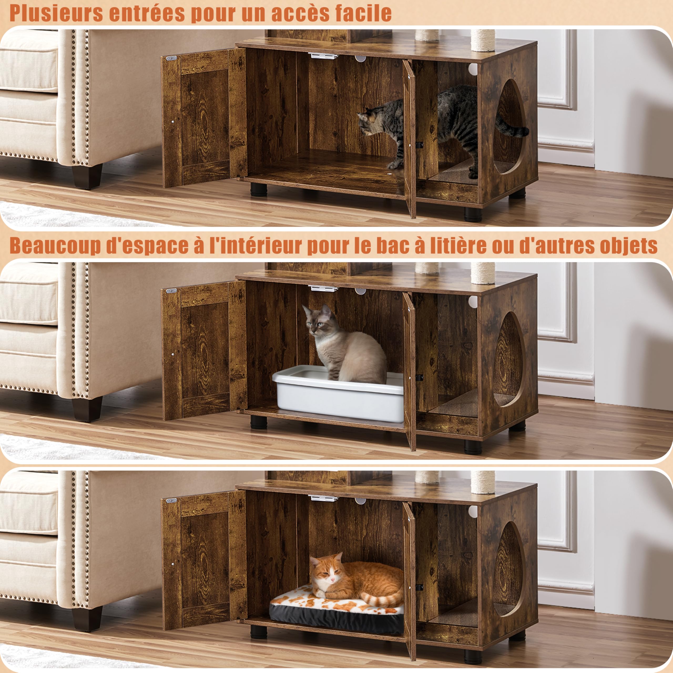 Yaheetech Maison d'intérieur Tout-en-Un avec griffoir, Meuble de litière en Bois pour Chat avec Niche pour Chat, Plate-Forme, Marron Rustique/Beige