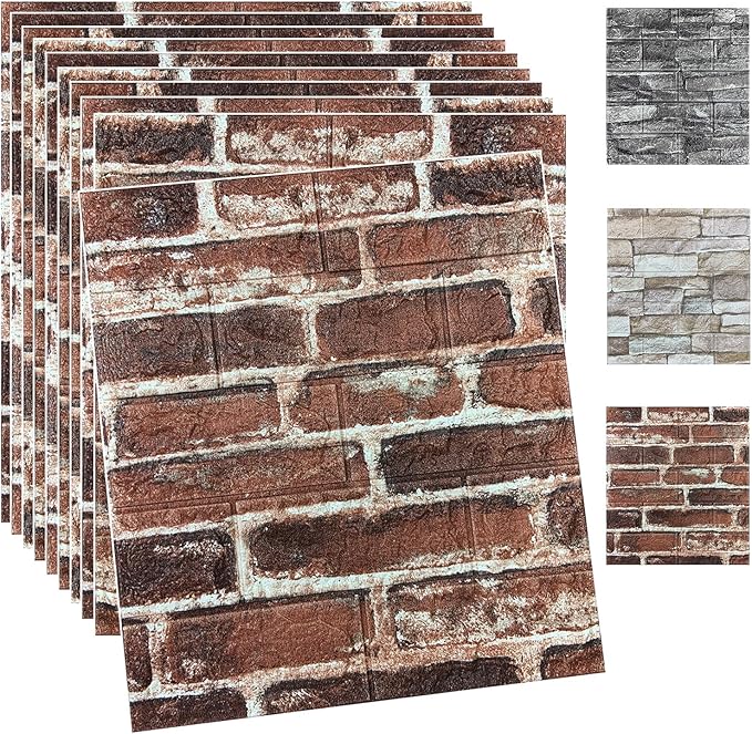 20PCS 3D Wall Panels Peel and Stick Foam 3D Brick Wallpaper Peel and Stick Red Faux Stone Wall Panel Self-Adhesive Wallpaper (20PCS, Red)