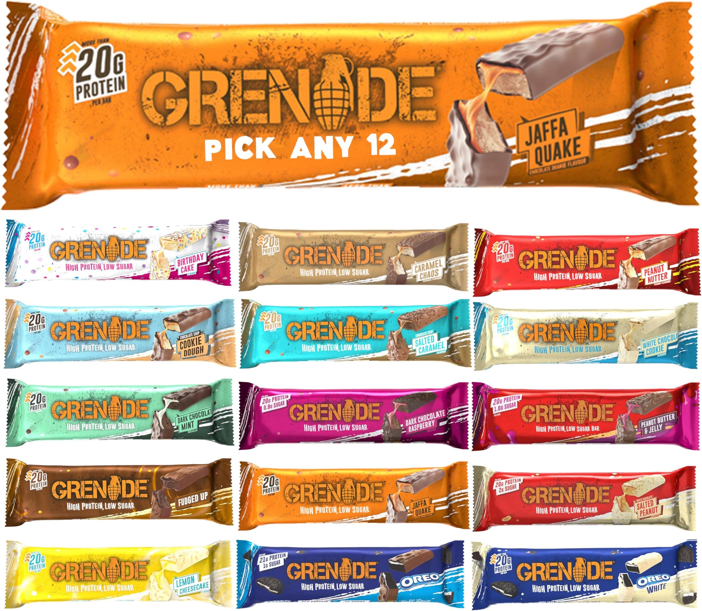 Grenade Protein Bar - Pick any 12 Protein Bars from Birthday Cake, Cookie Dough, Salted Caramel, Fudged up, Peanut Nutter, Salted Peanut, Dark Chocolate Mint & More. High Protein & Fibre and Low Sugar