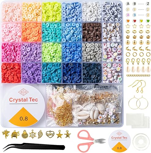 Hoewina Juego de 5040 pulseras de cuentas de arcilla, cuentas planas redondas de arcilla heishi, de polímero Heishi, juego de fabricación de